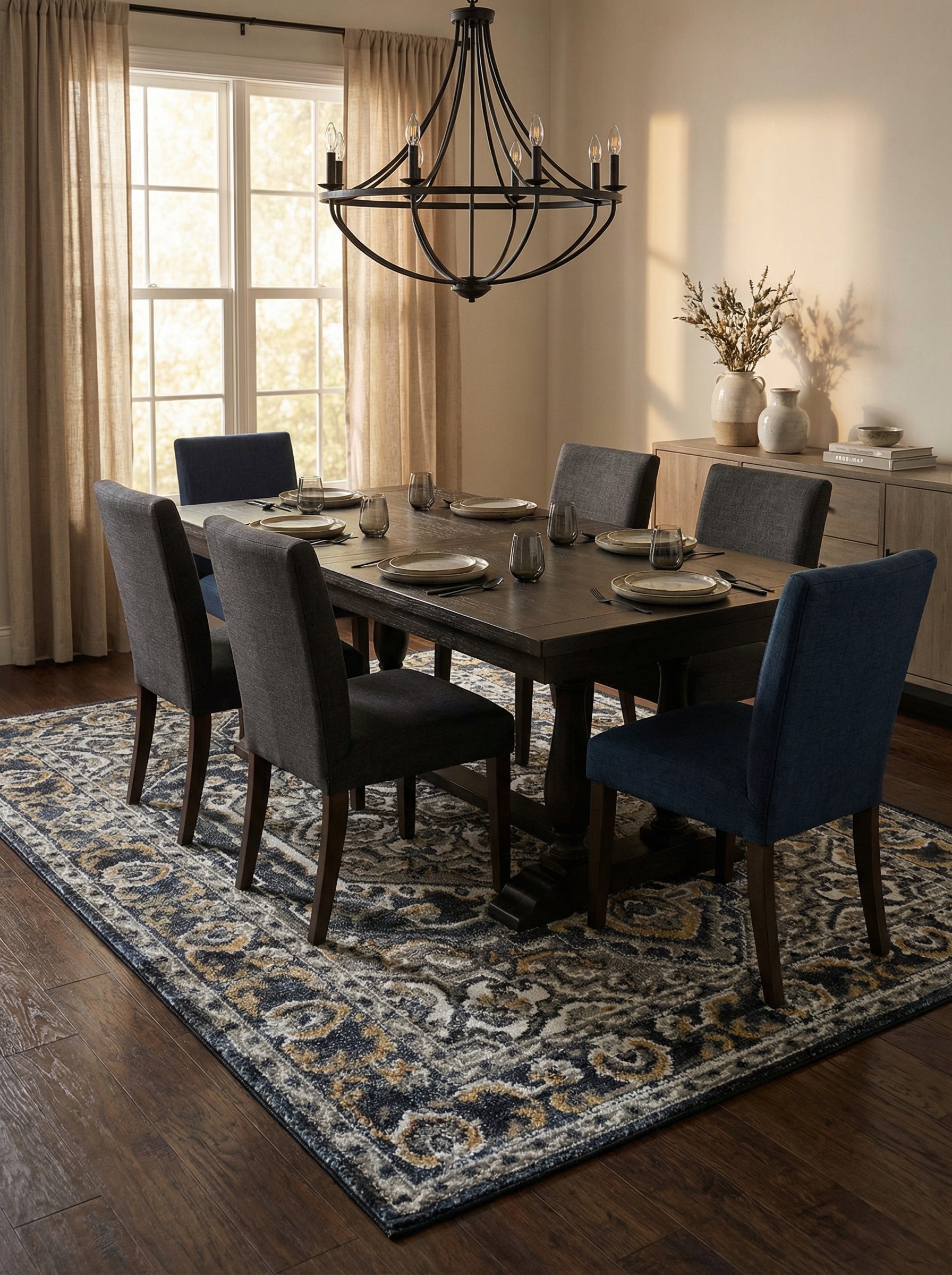 Tapis rectangulaire aux motifs floraux et ornementaux vieillis bleu marine, gris clair et doré, sous une table de salle à manger