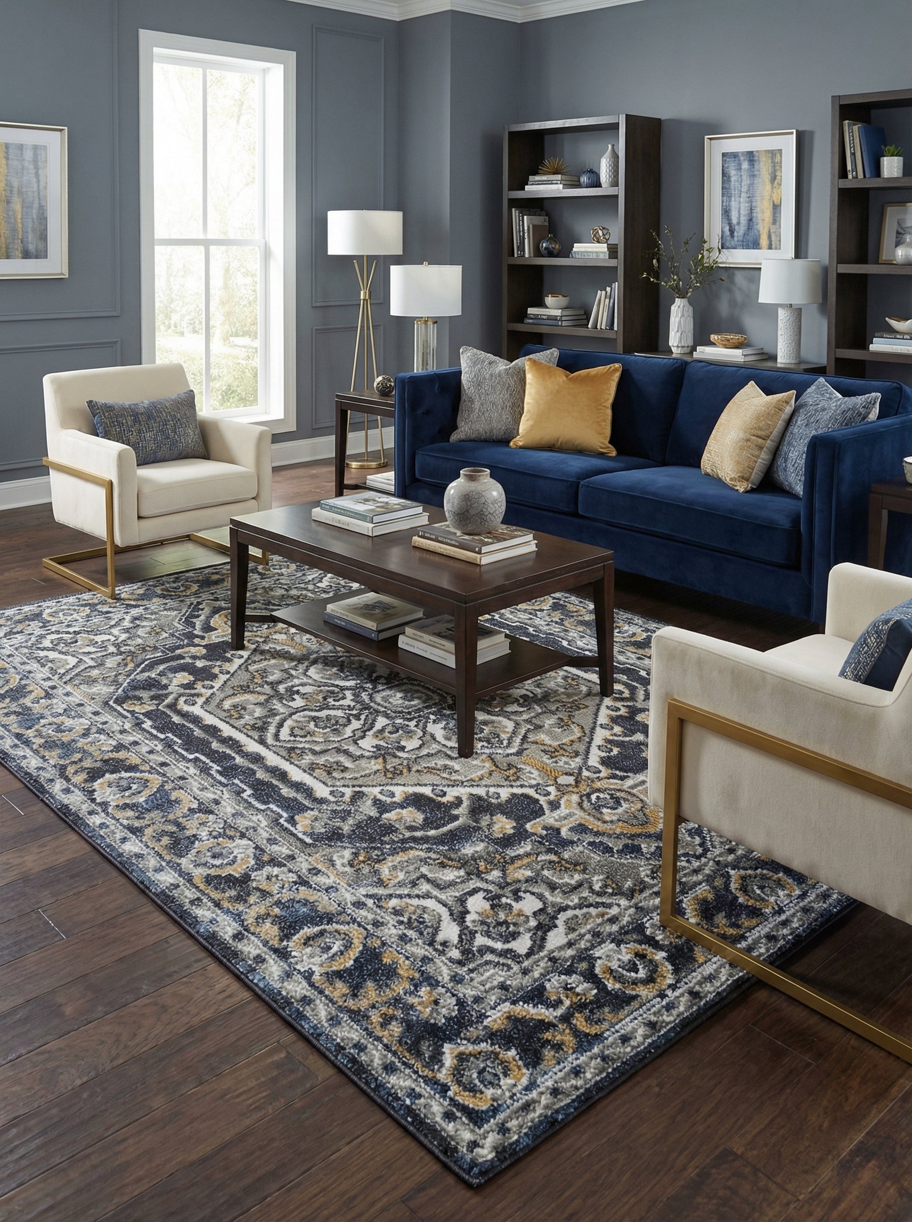 Grand tapis rectangulaire aux motifs traditionnels bleus, gris, dorés et crème sur sol en bois, dans un salon élégant