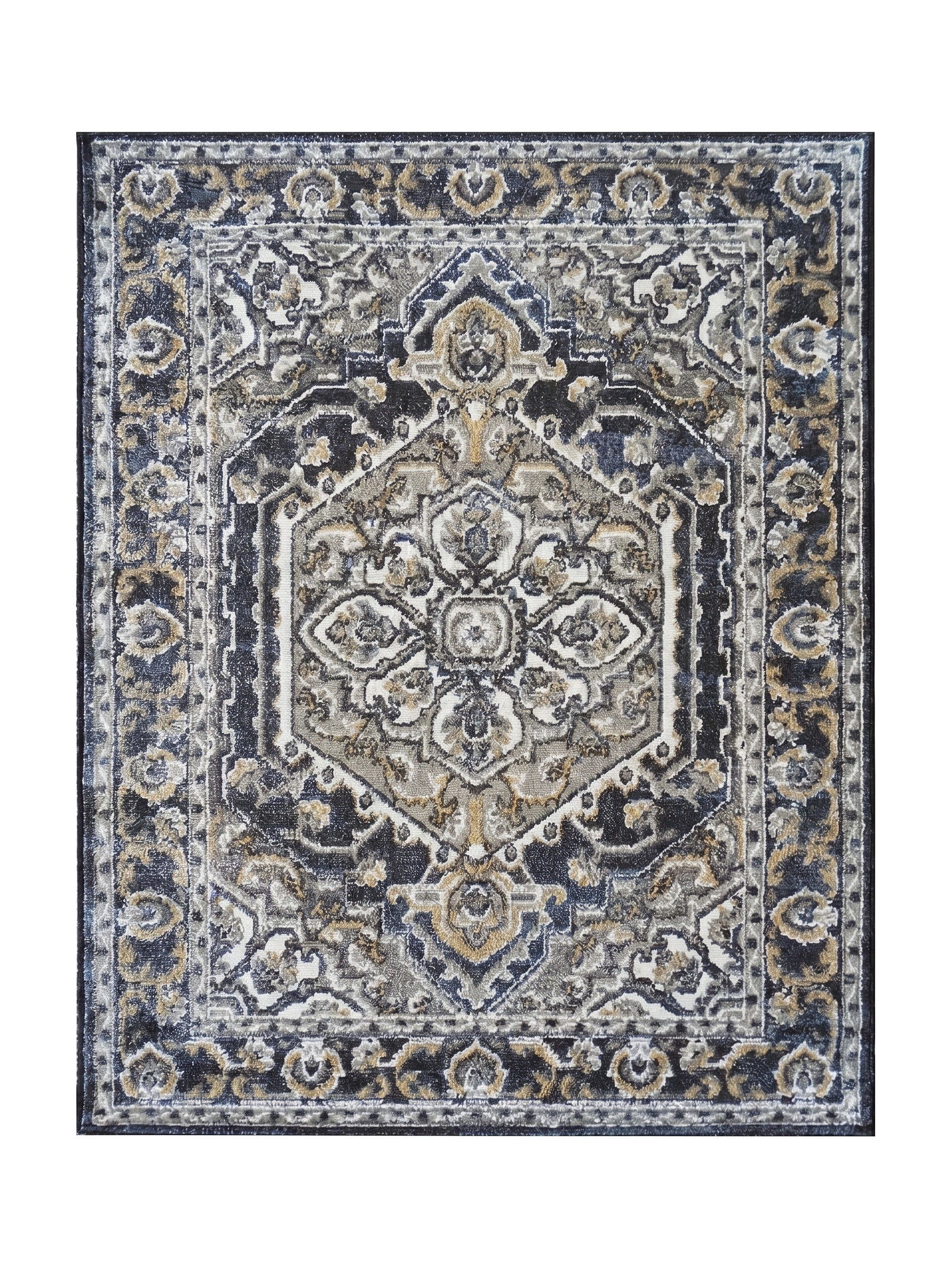 Tapis aux motifs ornementaux et médaillon central, bordures détaillées en bleu marine, gris clair, blanc cassé et doré