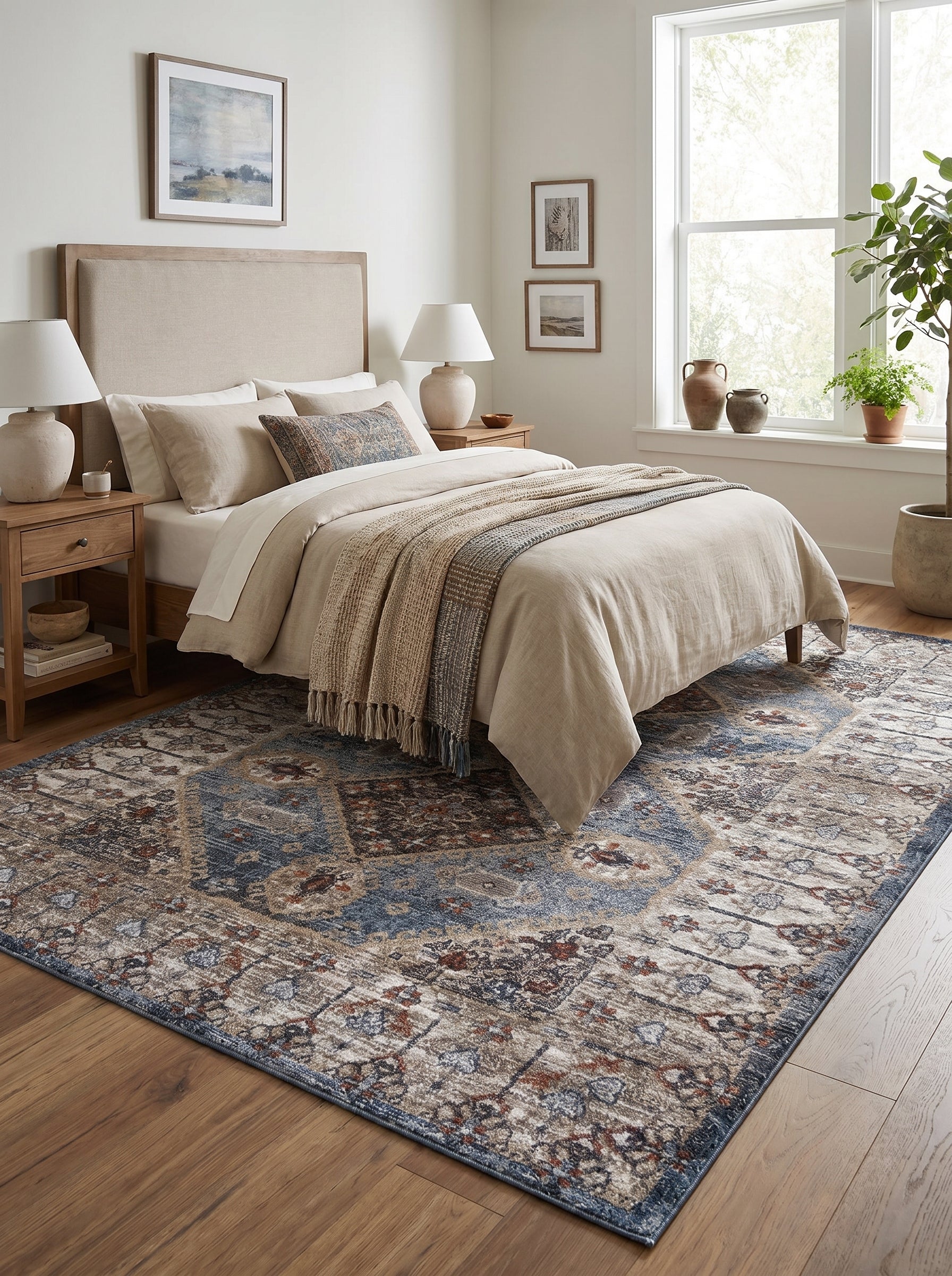 Tapis vieilli à motifs floraux-médaillons bleu-gris, beige, crème et terracotta sur parquet