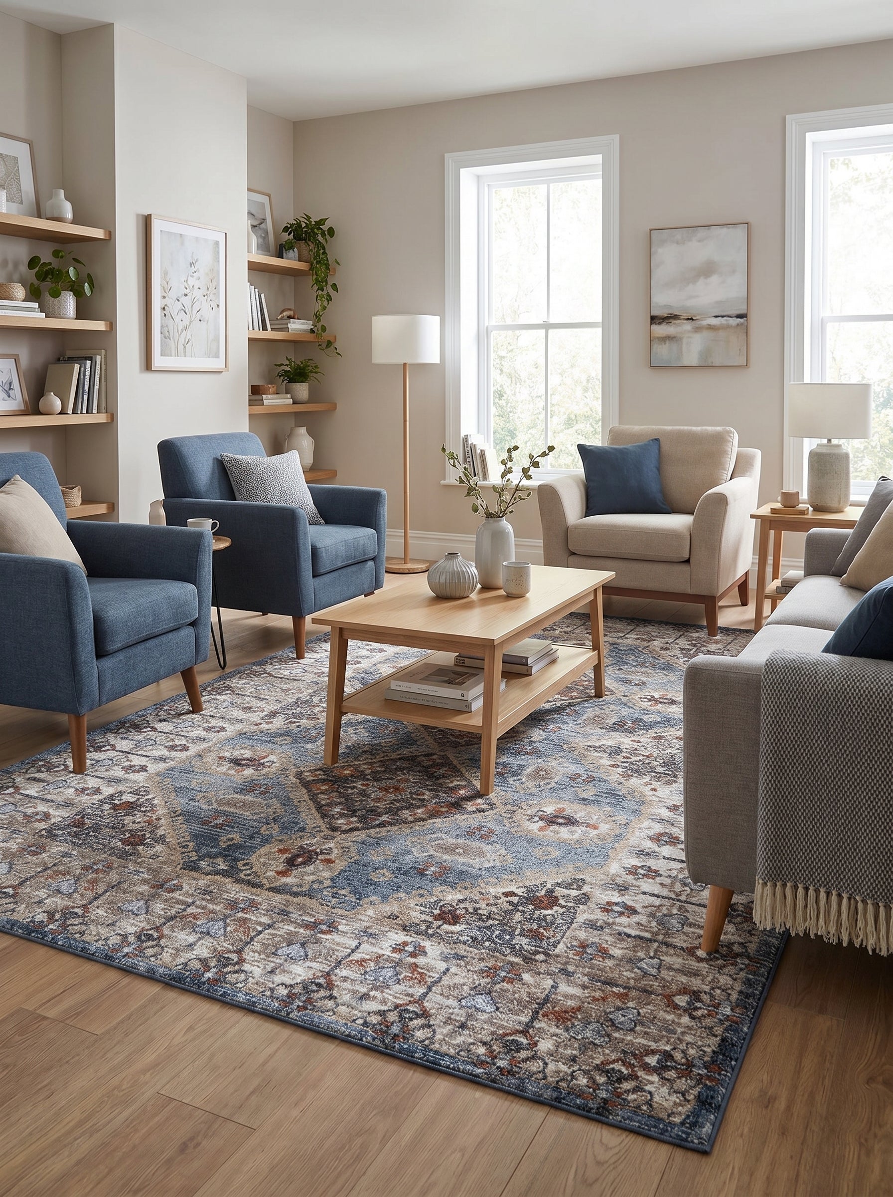 Tapis rectangulaire bleu, crème, rouille et gris aux motifs orientaux délavés ornant un salon moderne et lumineux