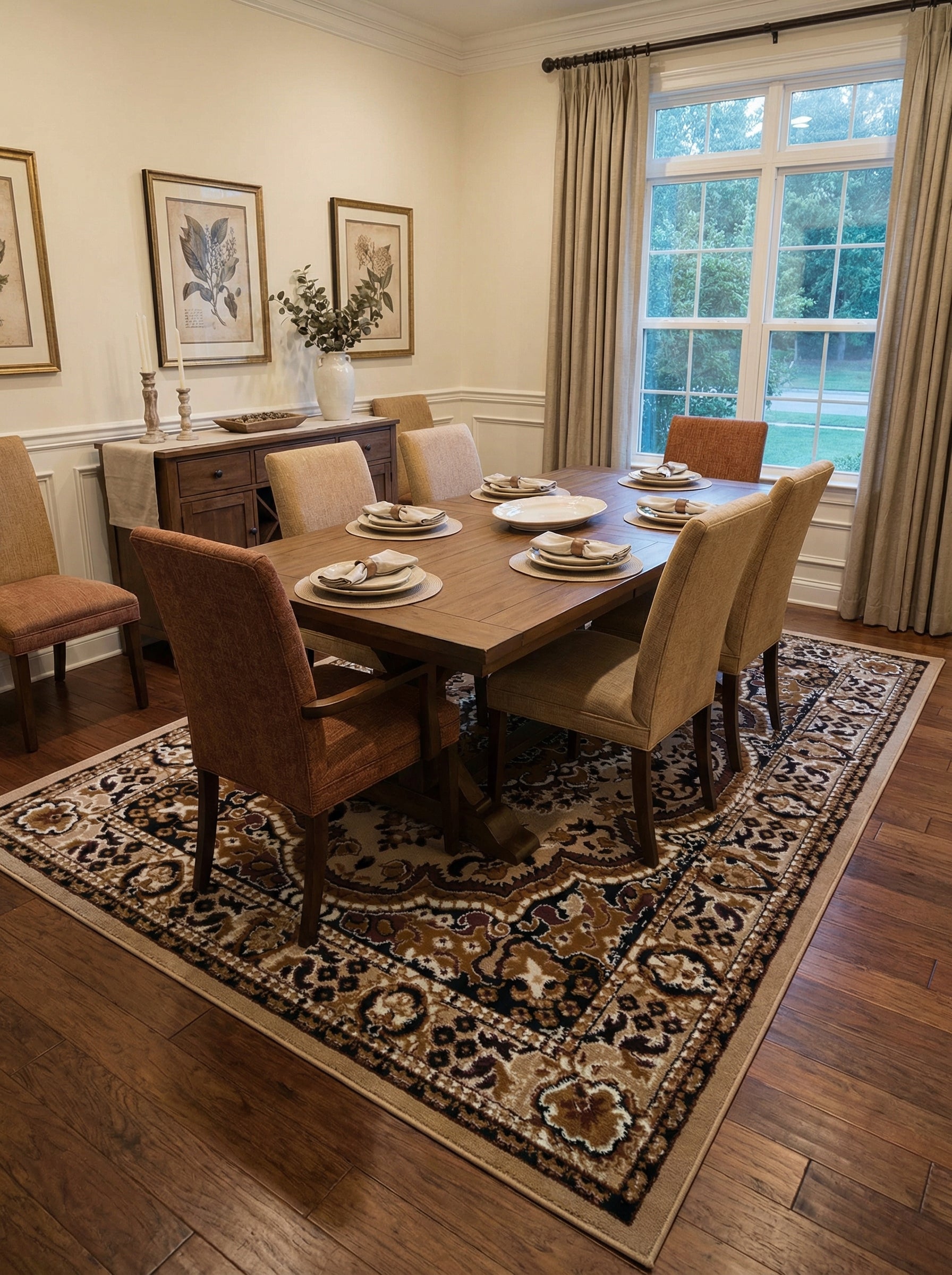 Tapis rectangulaire beige, marron foncé et noir avec des motifs floraux et arabesques classiques, dans une salle à manger