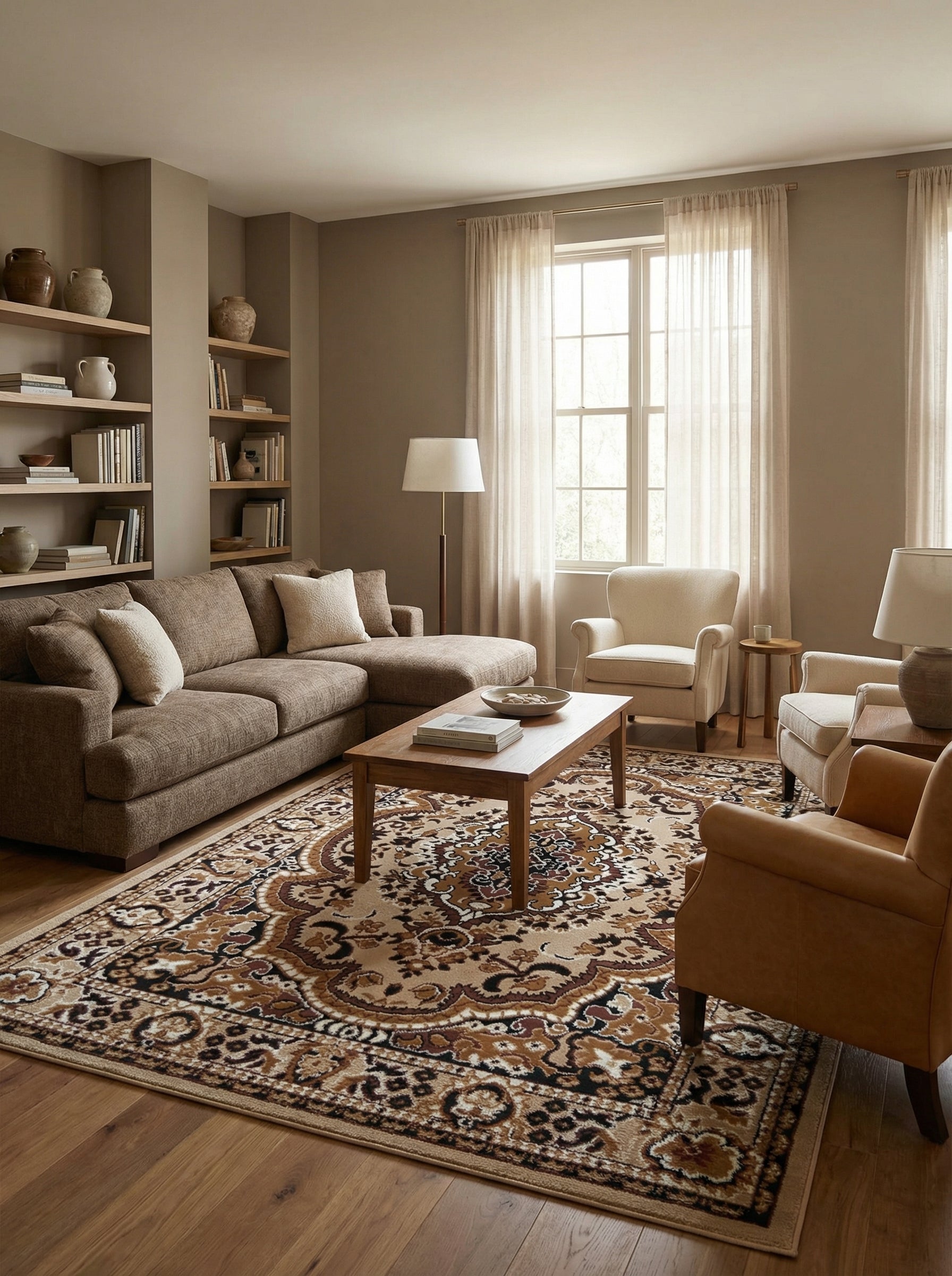 Tapis rectangulaire beige à motifs orientaux bruns, noirs et crème, posé sur un parquet dans un salon chaleureux