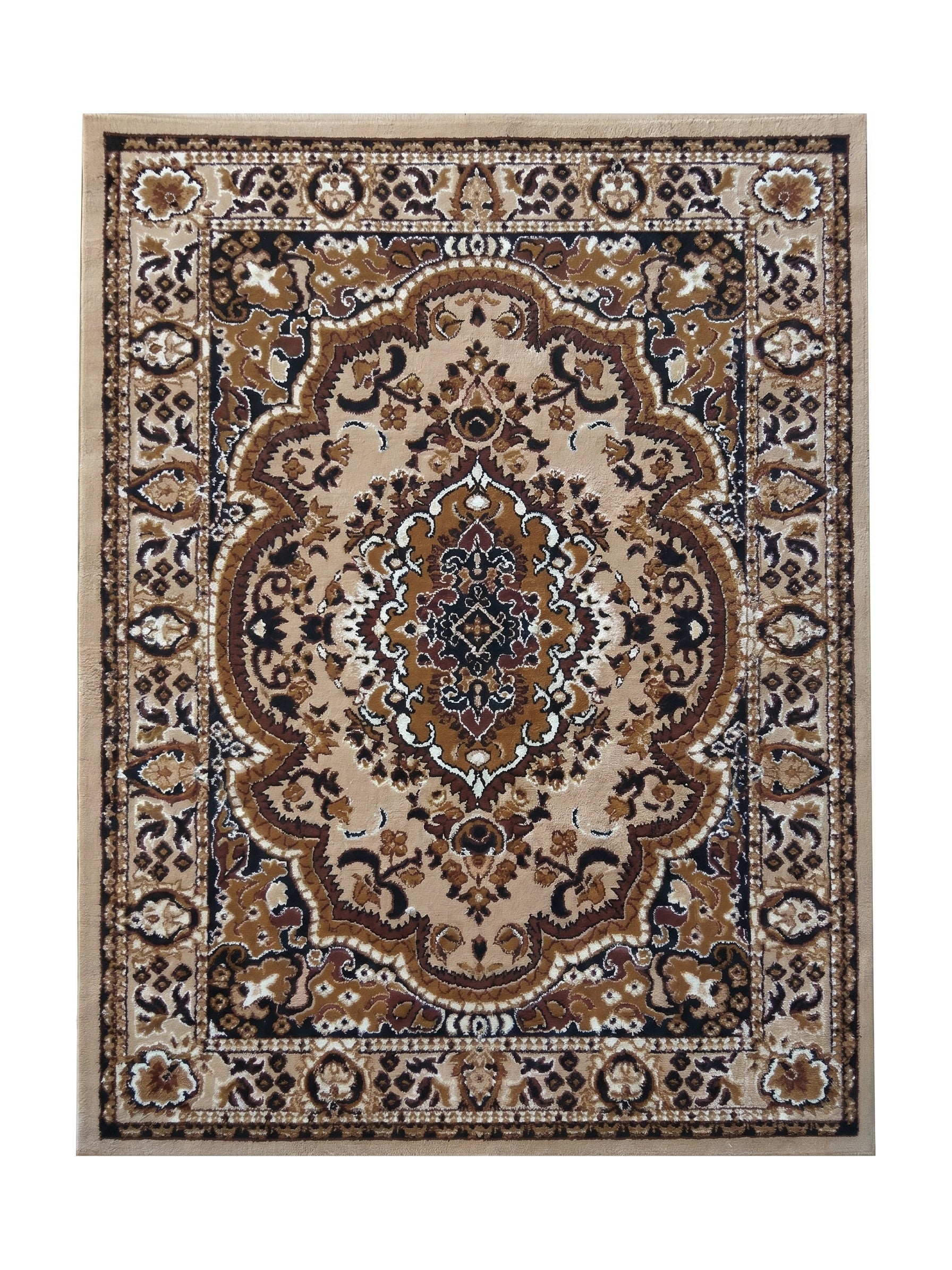 Tapis rectangulaire aux motifs orientaux complexes en marron foncé, beige, noir et blanc cassé
