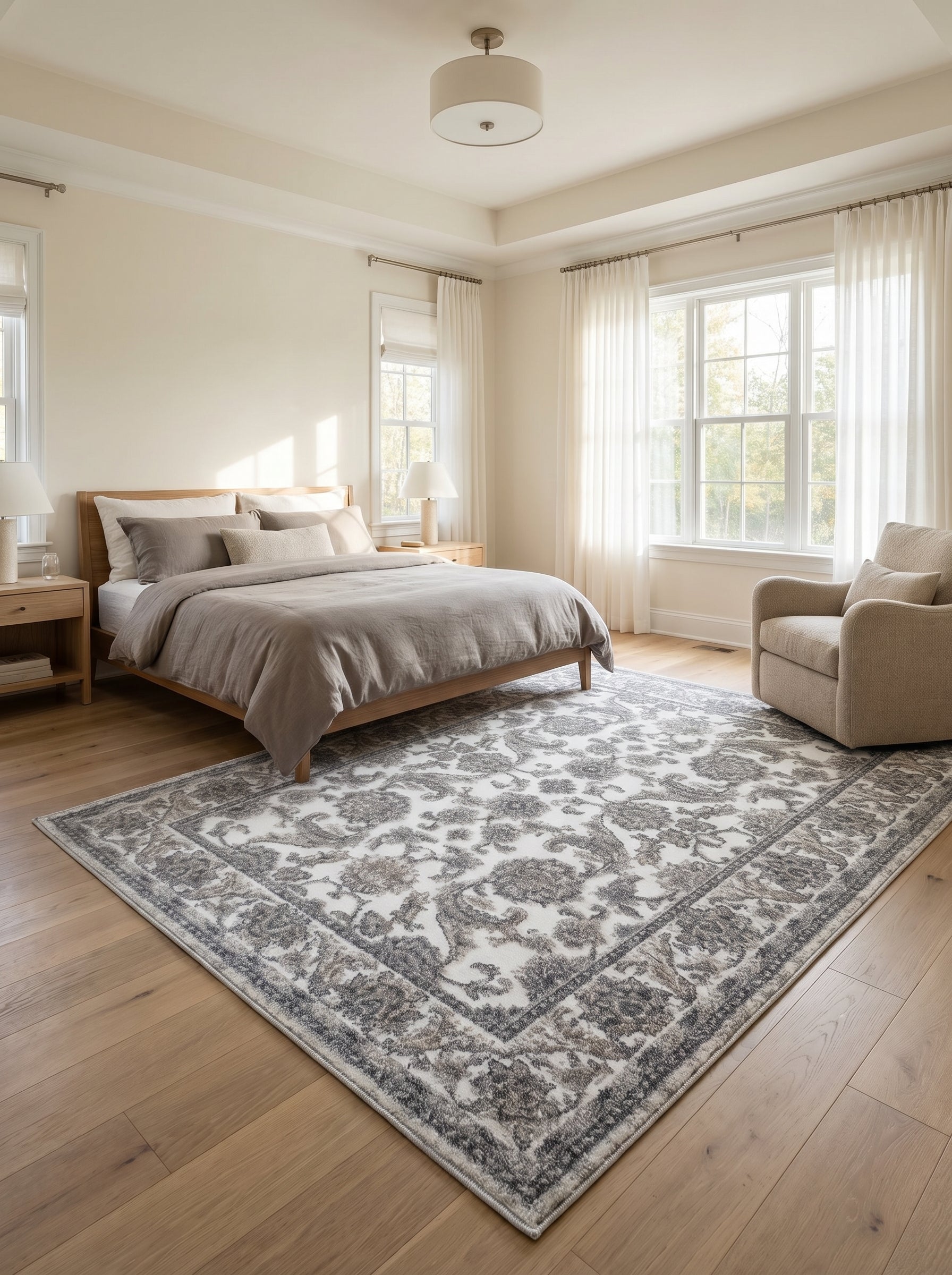 Tapis rectangulaire clair avec d'élégants motifs floraux et ornementaux gris anthracite et beige sur fond écru dans une chambre