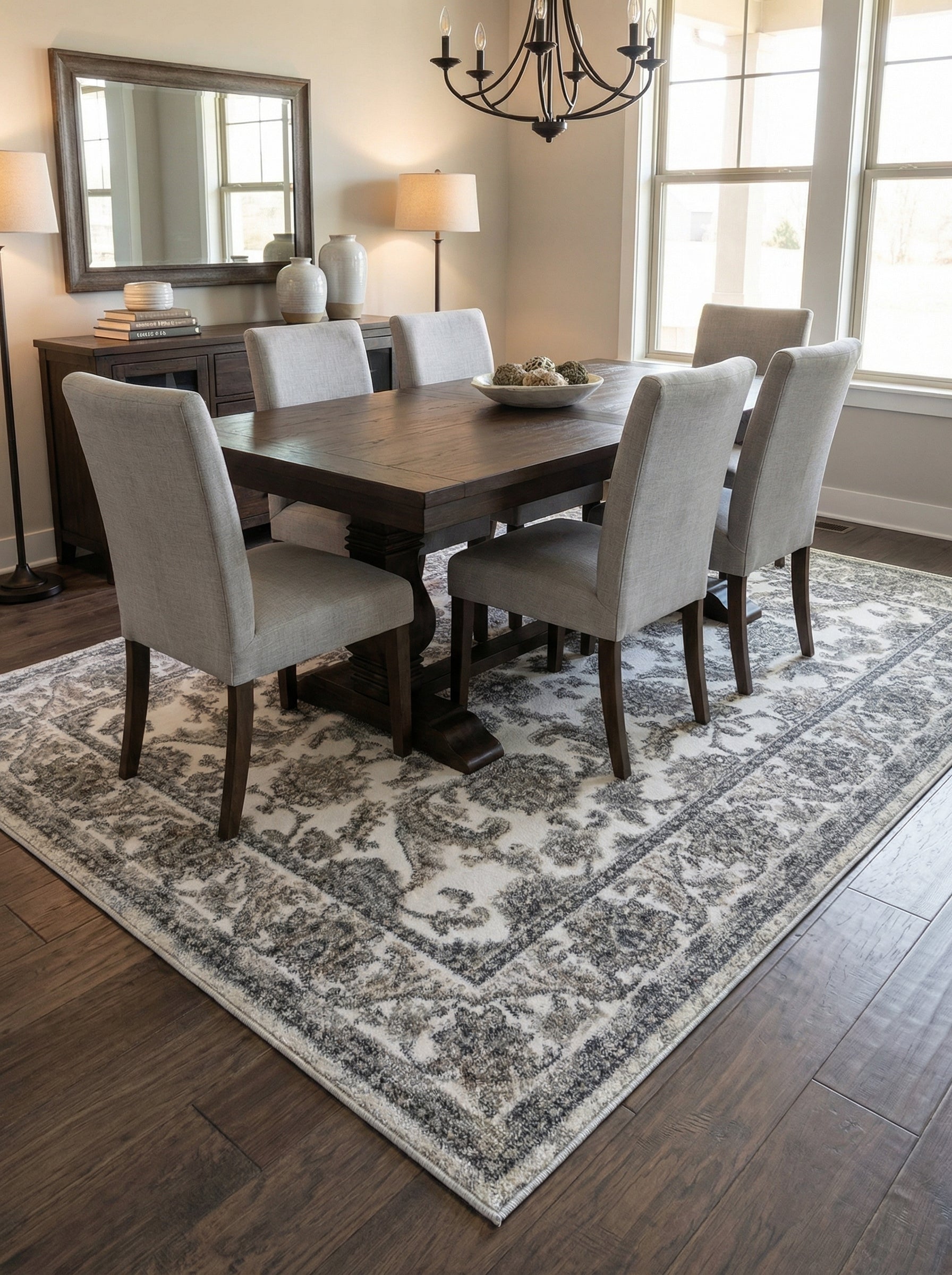 Tapis rectangulaire aux motifs floraux et arabesques gris anthracite et beige sur fond crème, dans une salle à manger
