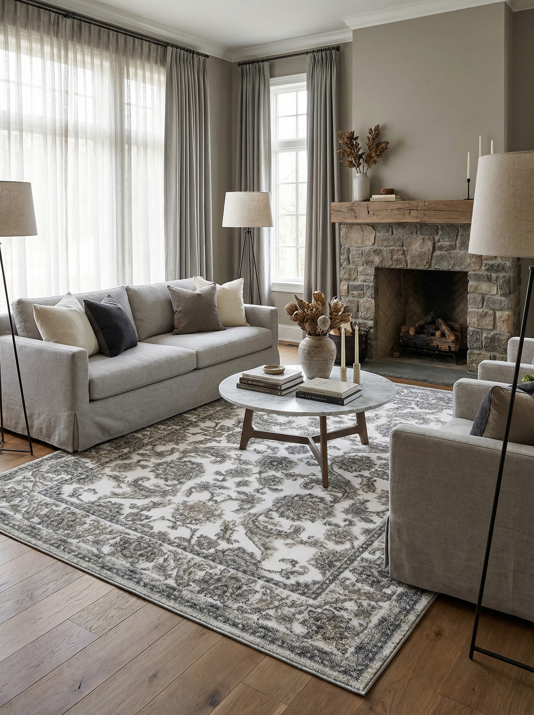 Tapis rectangulaire aux motifs floraux et ornementaux gris foncé et taupe sur fond blanc cassé, posé dans un salon moderne