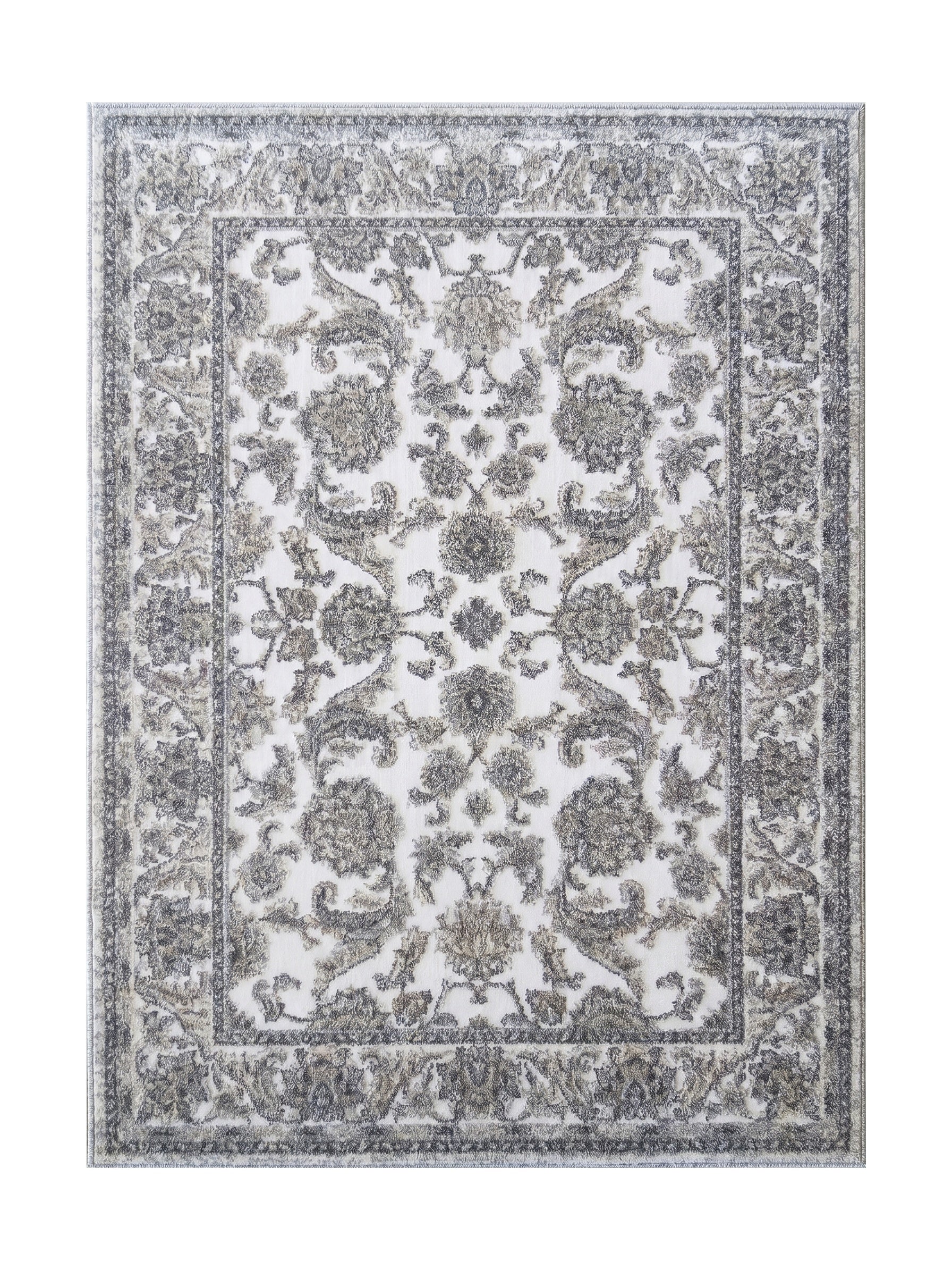 Tapis rectangulaire en textile blanc cassé, orné de motifs floraux et arabesques gris anthracite et gris clair effet vieilli