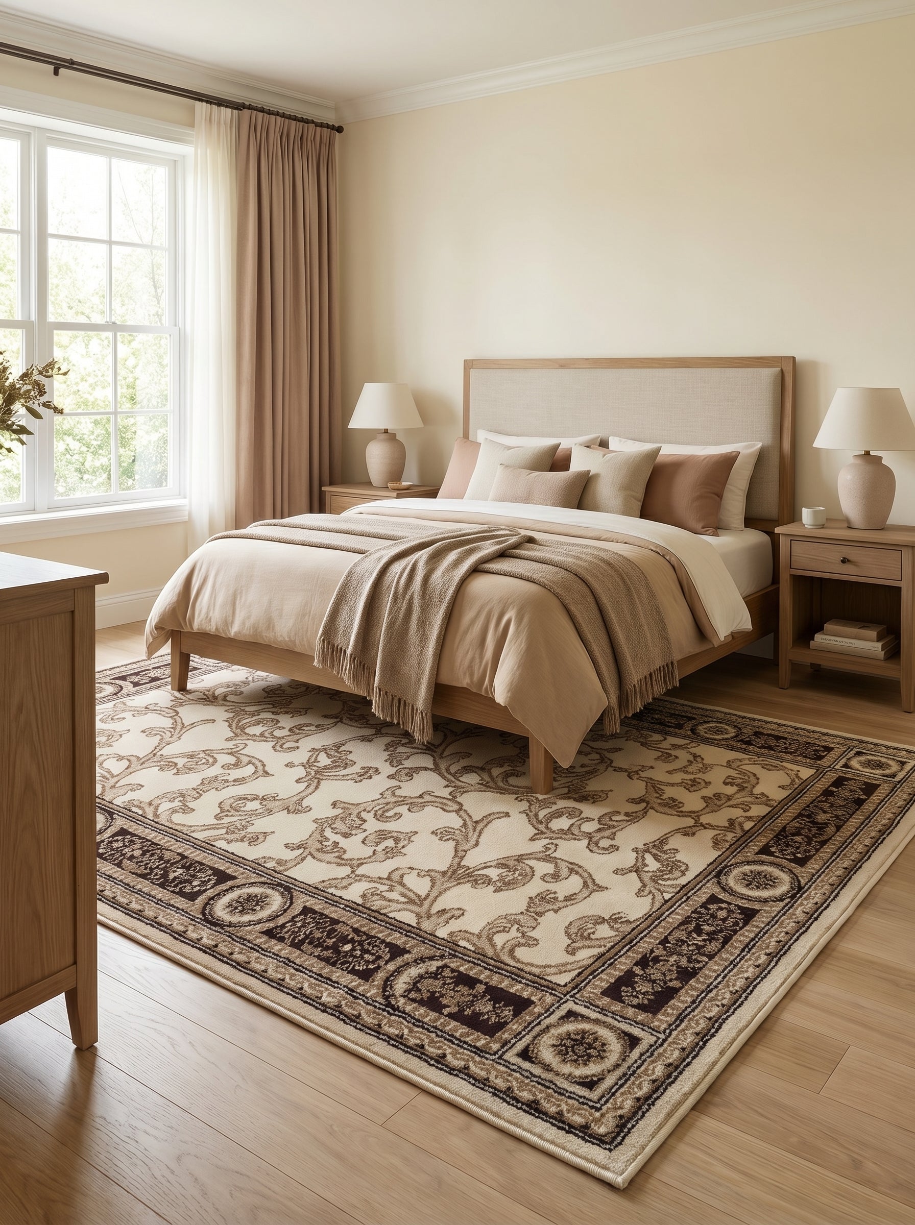 Tapis rectangulaire crème à motifs floraux et volutes beige et marron, avec une bordure ornée de médaillons, dans une chambre