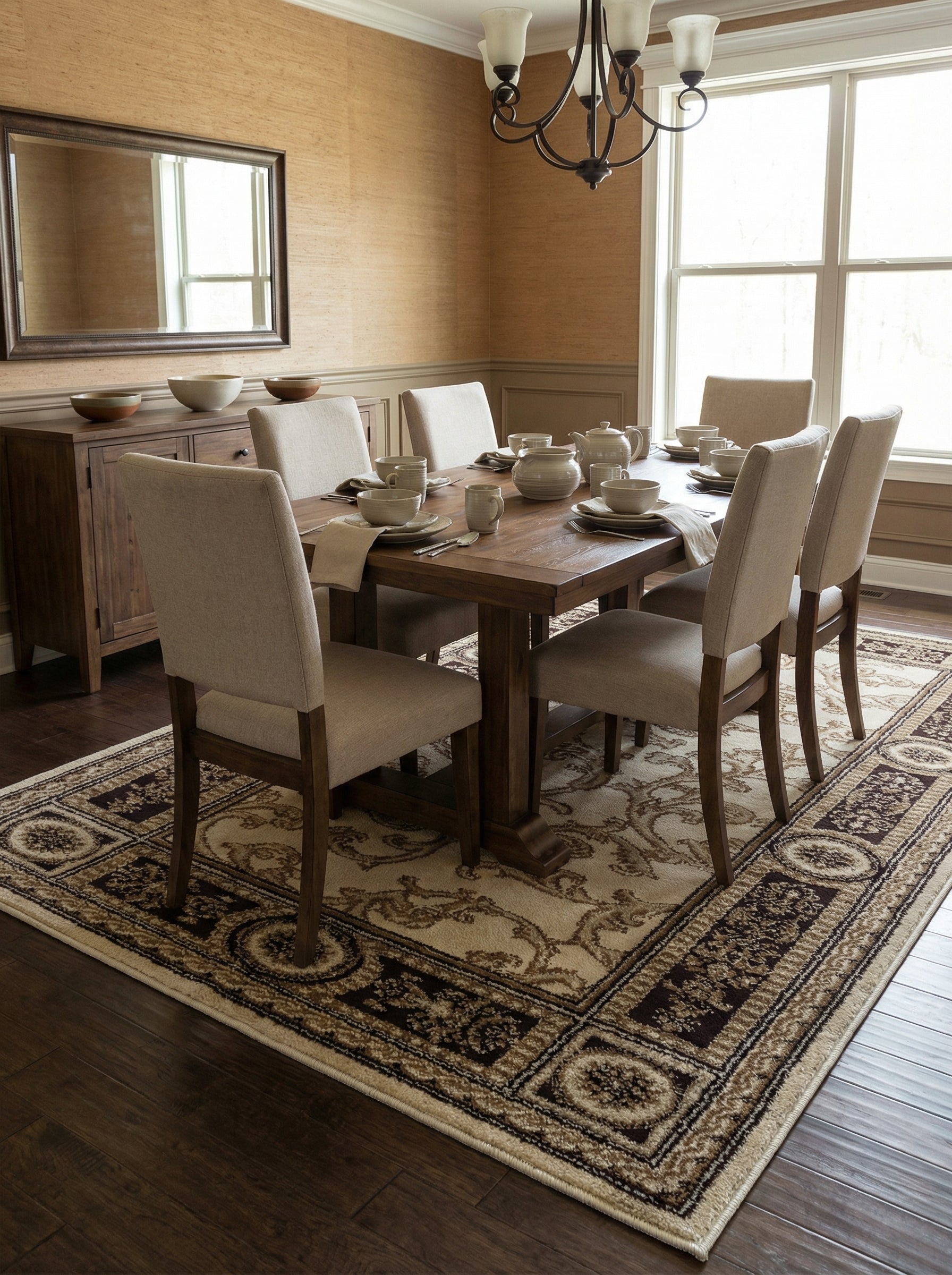 Tapis rectangulaire crème et marron à motifs floraux et volutes élégantes au centre, encadré d'une frise aux médaillons sombres, posé dans une salle à manger