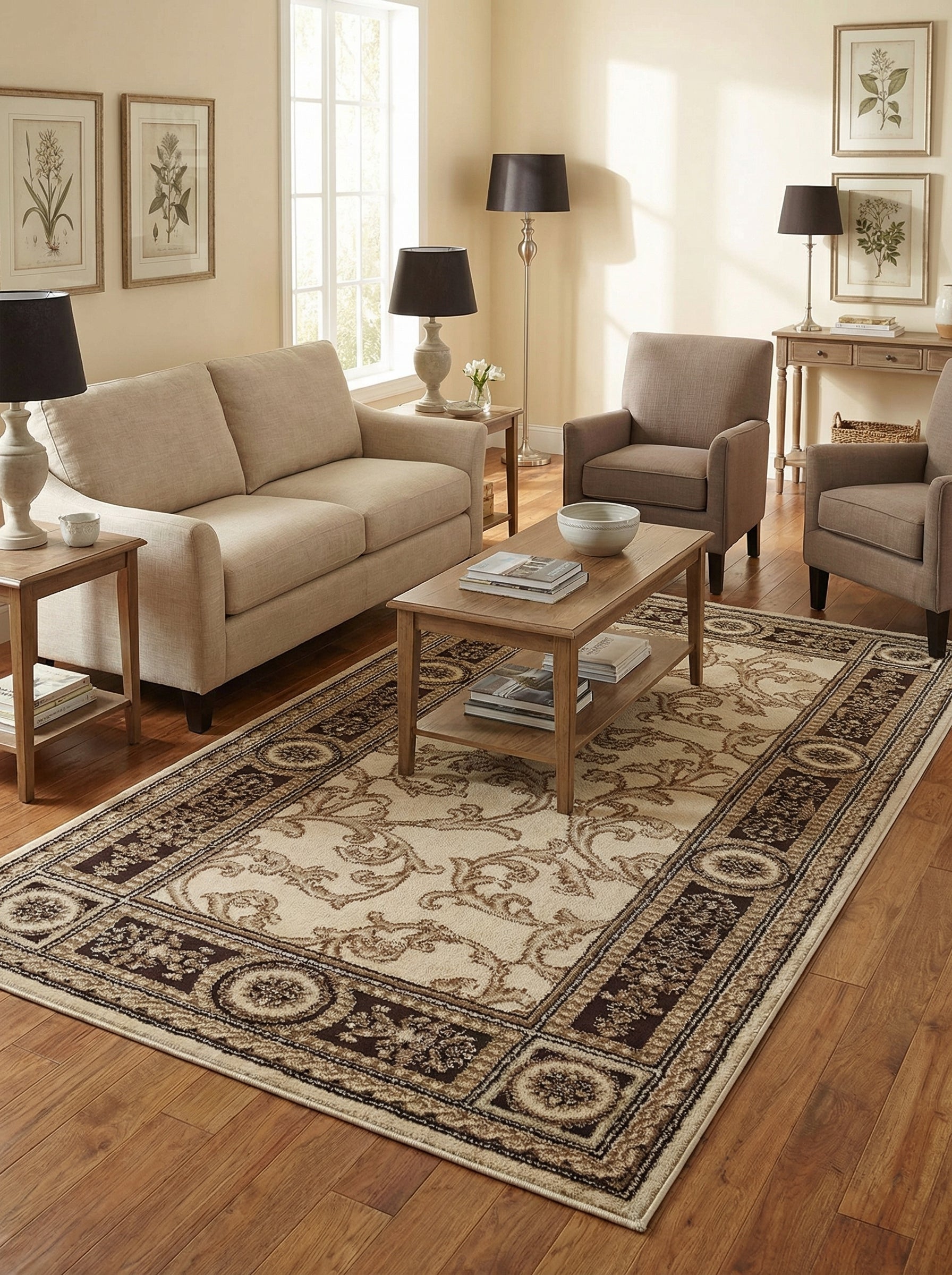 Tapis rectangulaire à motifs classiques crème et marron foncé avec un centre floral et une bordure géométrique, posé dans un salon aménagé