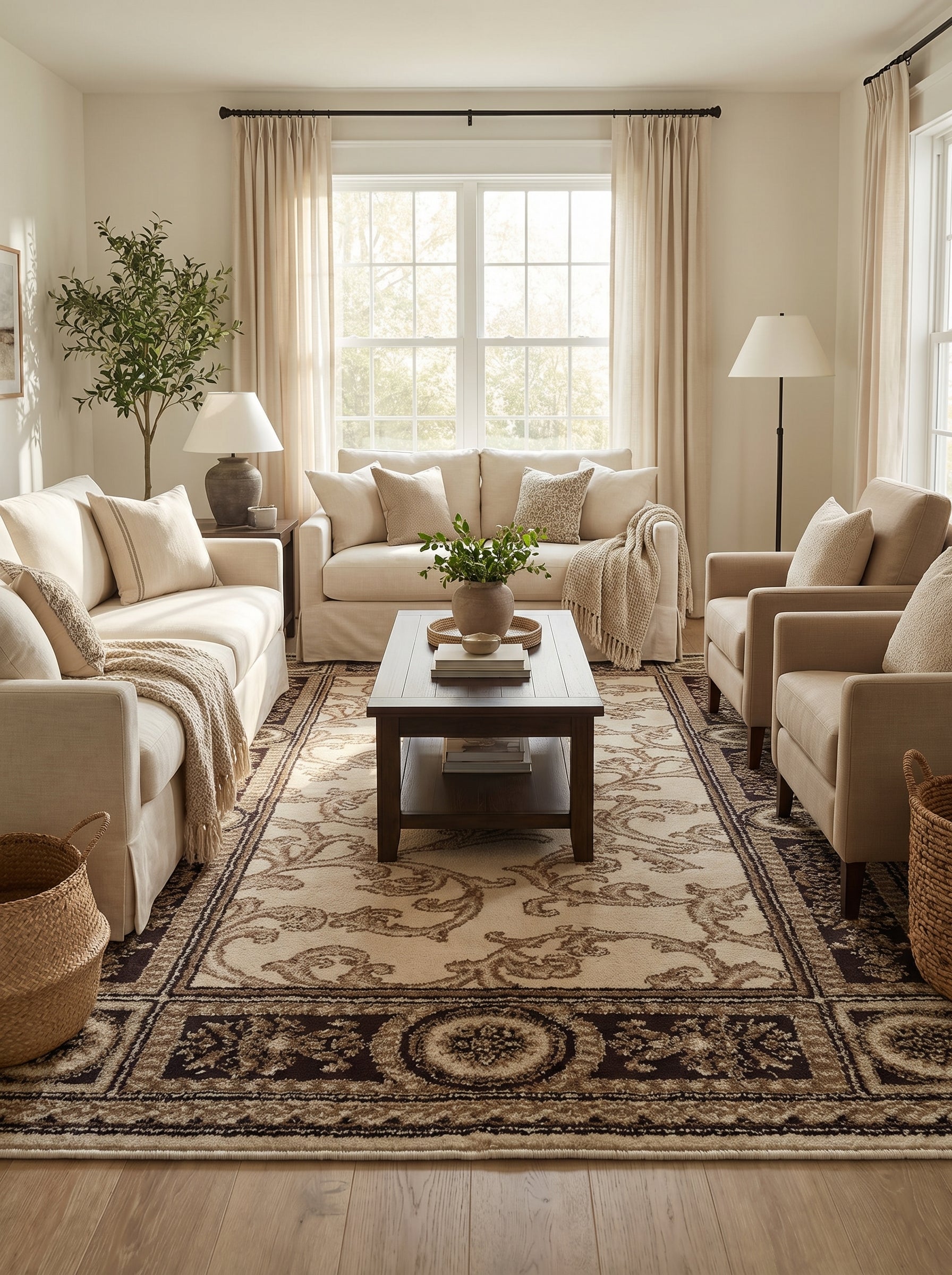 Tapis rectangulaire tissé, crème et marron, orné de larges arabesques centrales et d'une bordure complexe dans un salon élégant