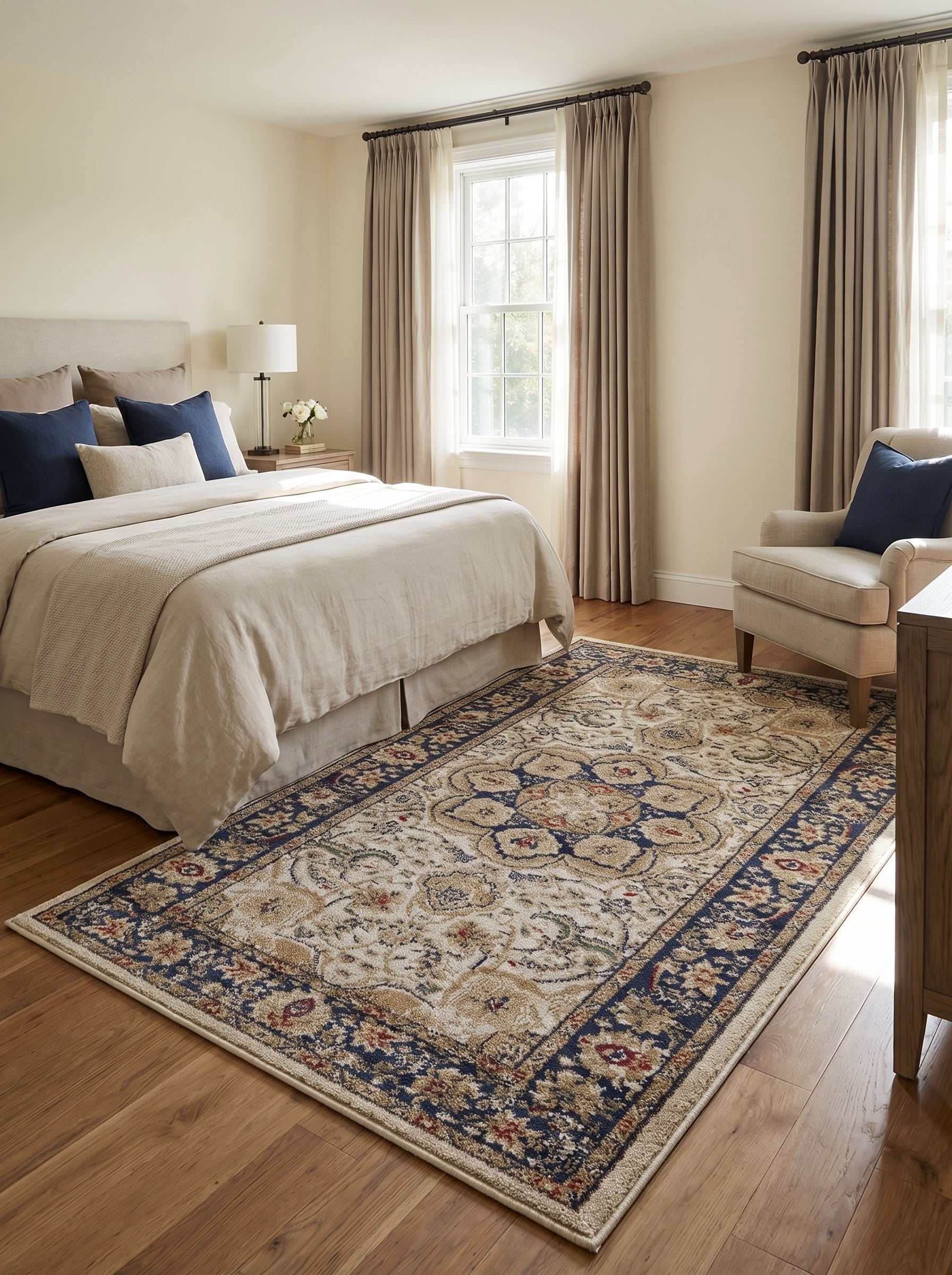 Tapis rectangulaire crème et bleu marine, aux motifs floraux et ornementaux dorés et rouges, sur parquet en bois clair dans une chambre