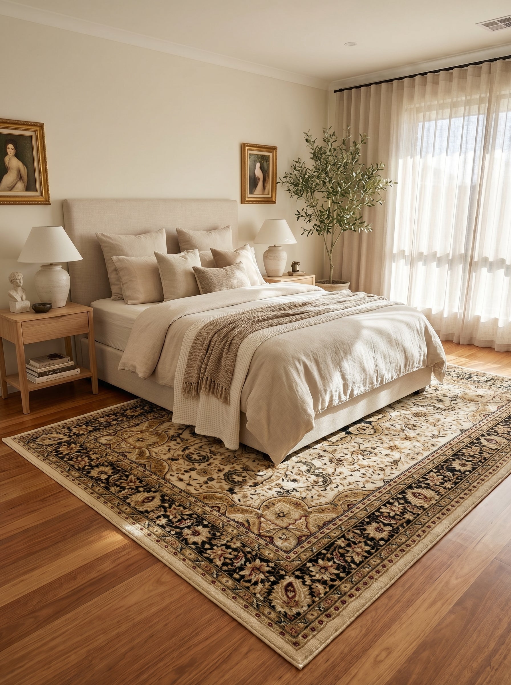 Tapis rectangulaire à motifs persans classiques crème, noirs et dorés avec bordures détaillées, posé sur un parquet dans une chambre lumineuse