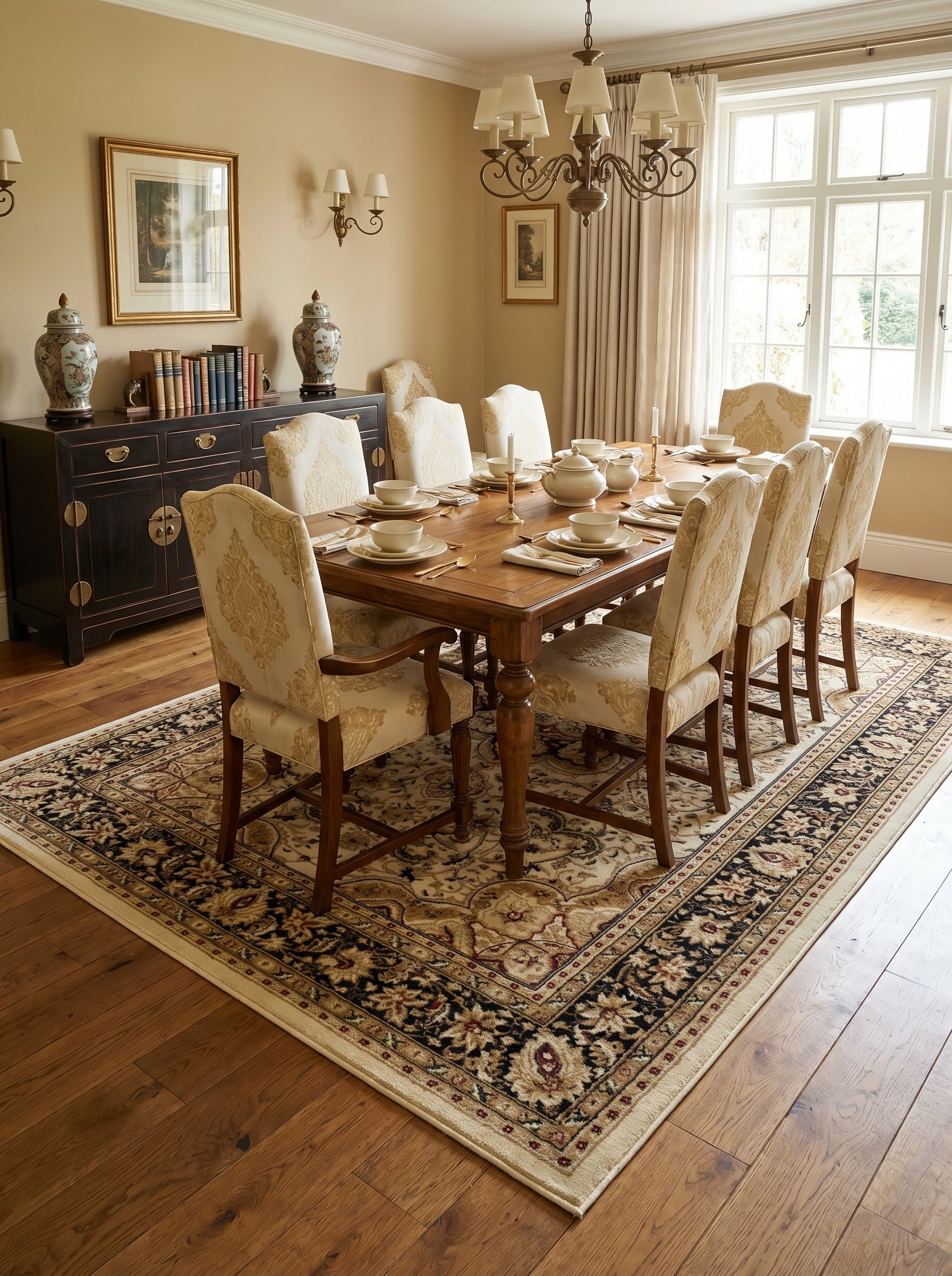 Tapis rectangulaire crème à motifs orientaux floraux dorés, bordeaux et verts, avec une large bande ornementale noire. Il est posé dans une salle à manger