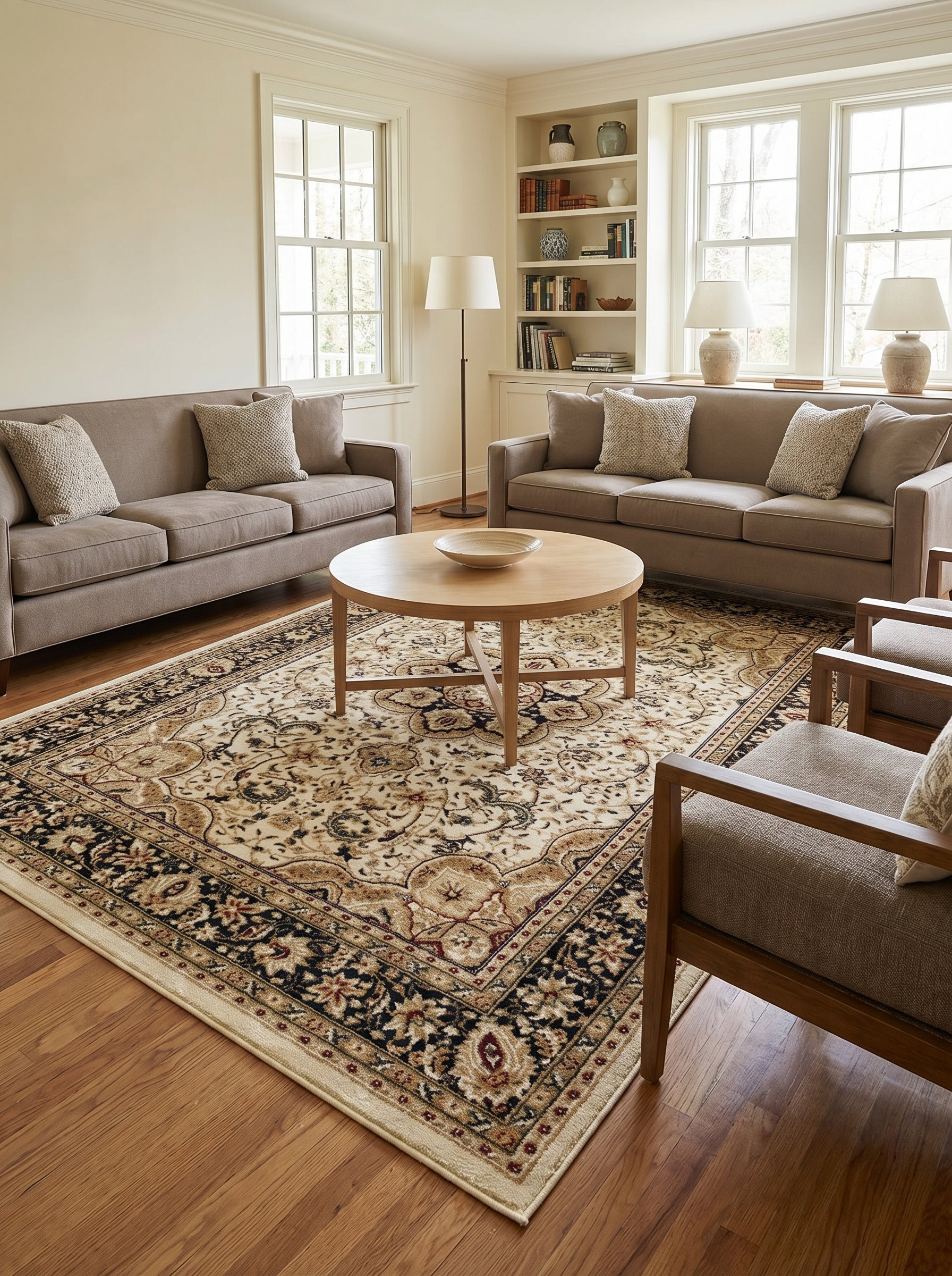 Tapis rectangulaire beige et noir aux motifs floraux et médaillons traditionnels, posé sur un parquet en bois dans un salon lumineux
