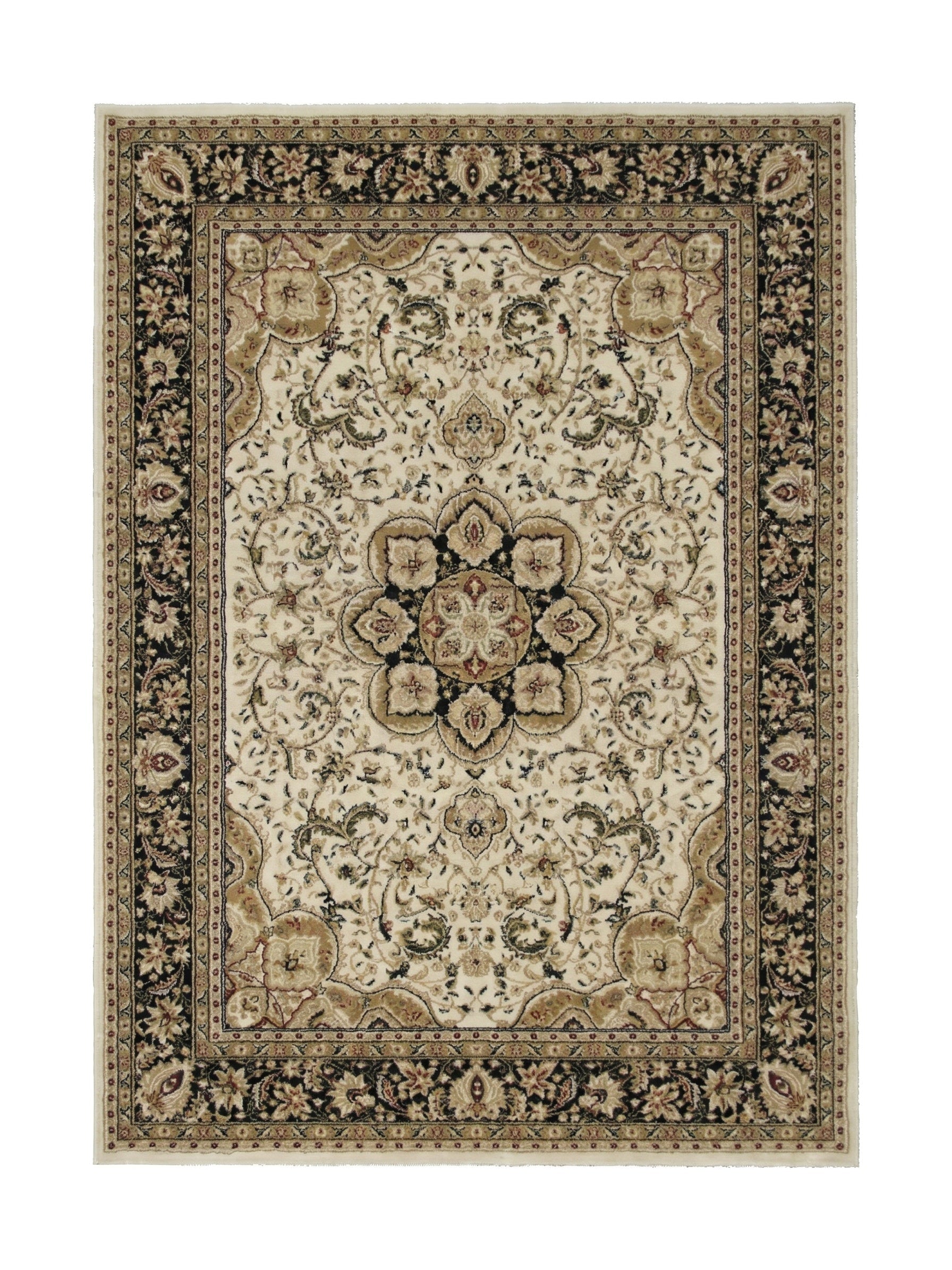 Tapis crème à motifs floraux et arabesques complexes noirs et dorés, avec un grand médaillon central et des bordures contrastantes