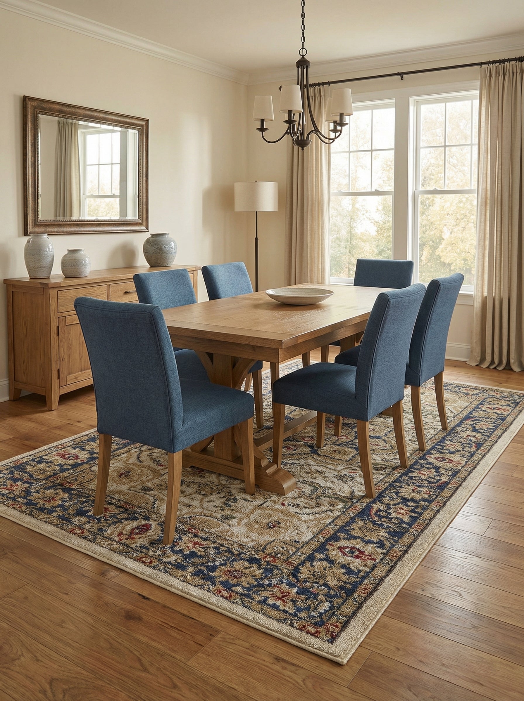 Tapis rectangulaire aux motifs floraux et arabesques beiges, bleus et rouges sur fond clair, avec une bordure bleue intense, dans une salle à manger