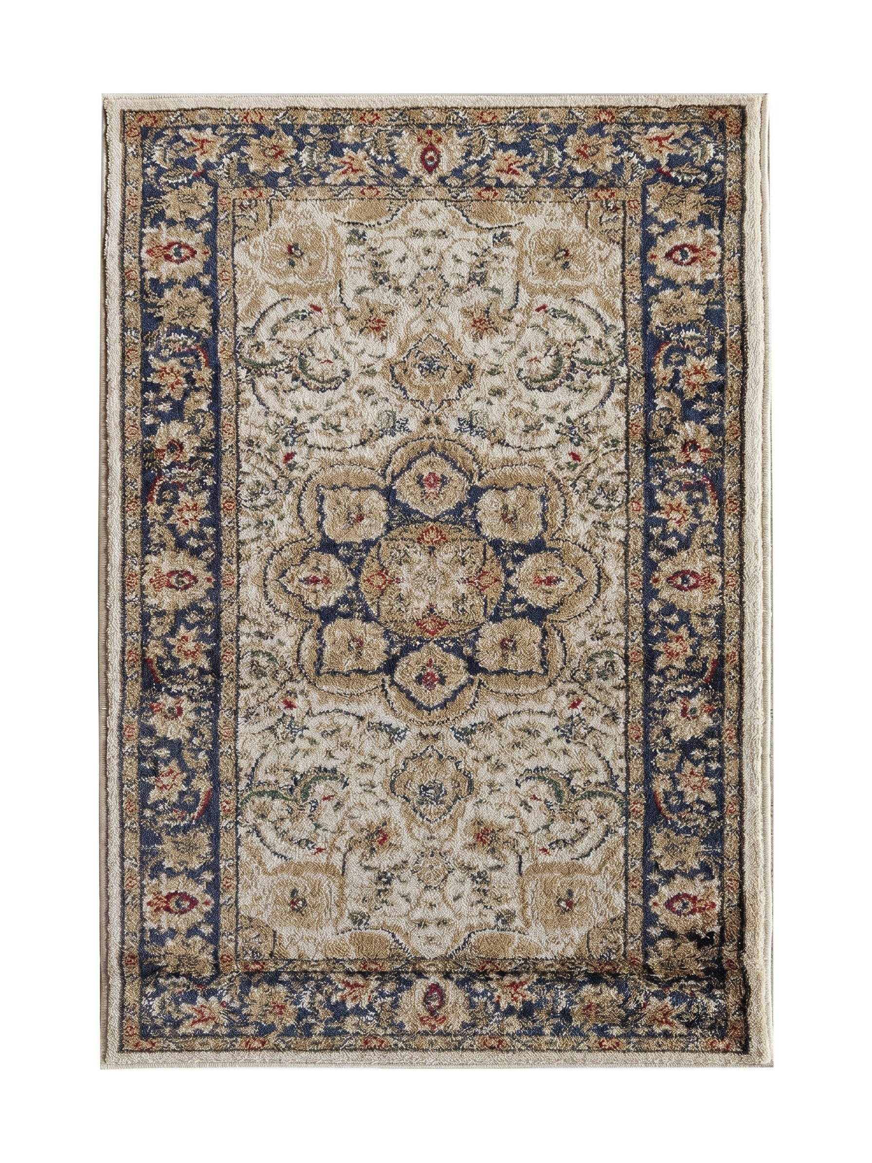 Tapis rectangulaire à motifs persans classiques crème et bleu marine avec des détails dorés et rouges sur un fond texturé