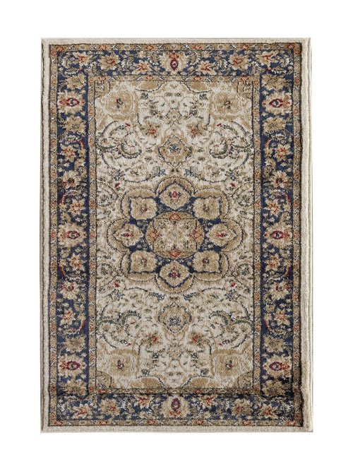 Tapis rectangulaire à motifs persans classiques crème et bleu marine avec des détails dorés et rouges sur un fond texturé