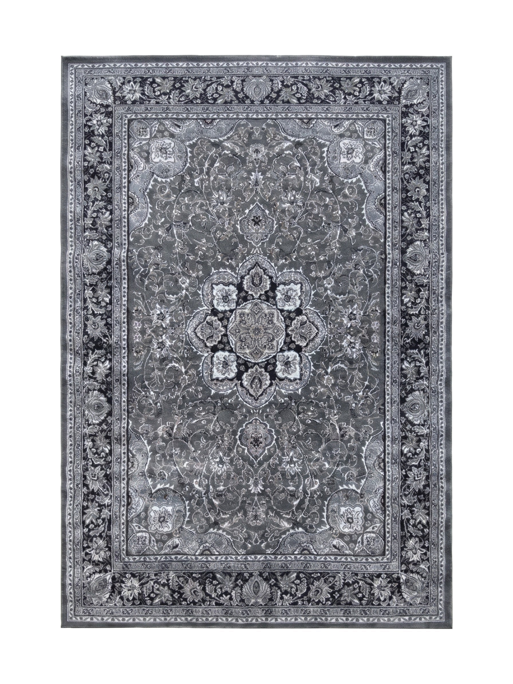 Tapis gris foncé orné d'un motif central et de bordures florales et arabesques en gris clair et noir