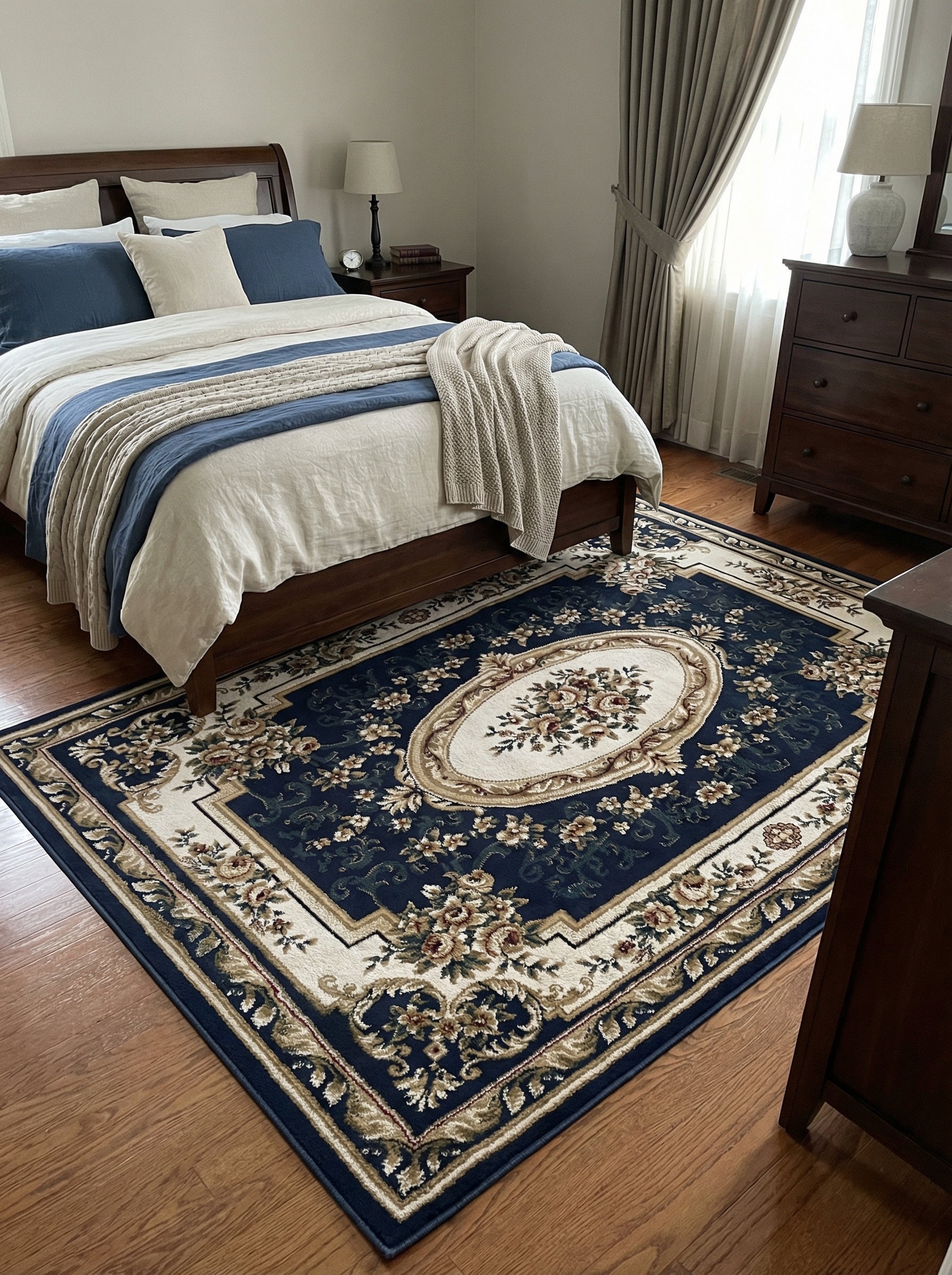 Tapis rectangulaire bleu marine à motifs floraux et volutes crème, or et rouge, avec un médaillon central fleuri, dans une chambre
