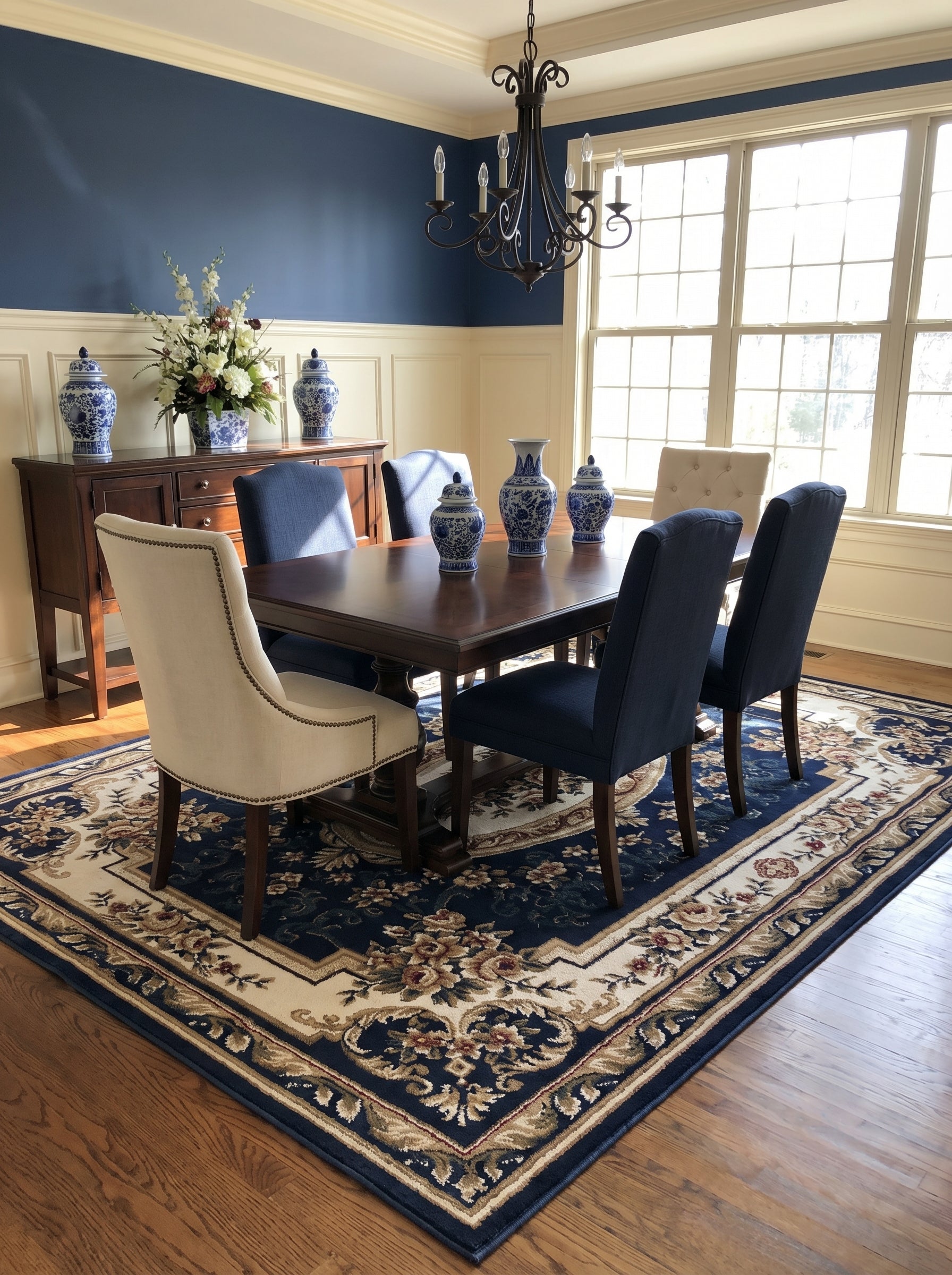 Tapis rectangulaire bleu marine aux motifs floraux et volutes crème, dorées et rouges, dans une salle à manger