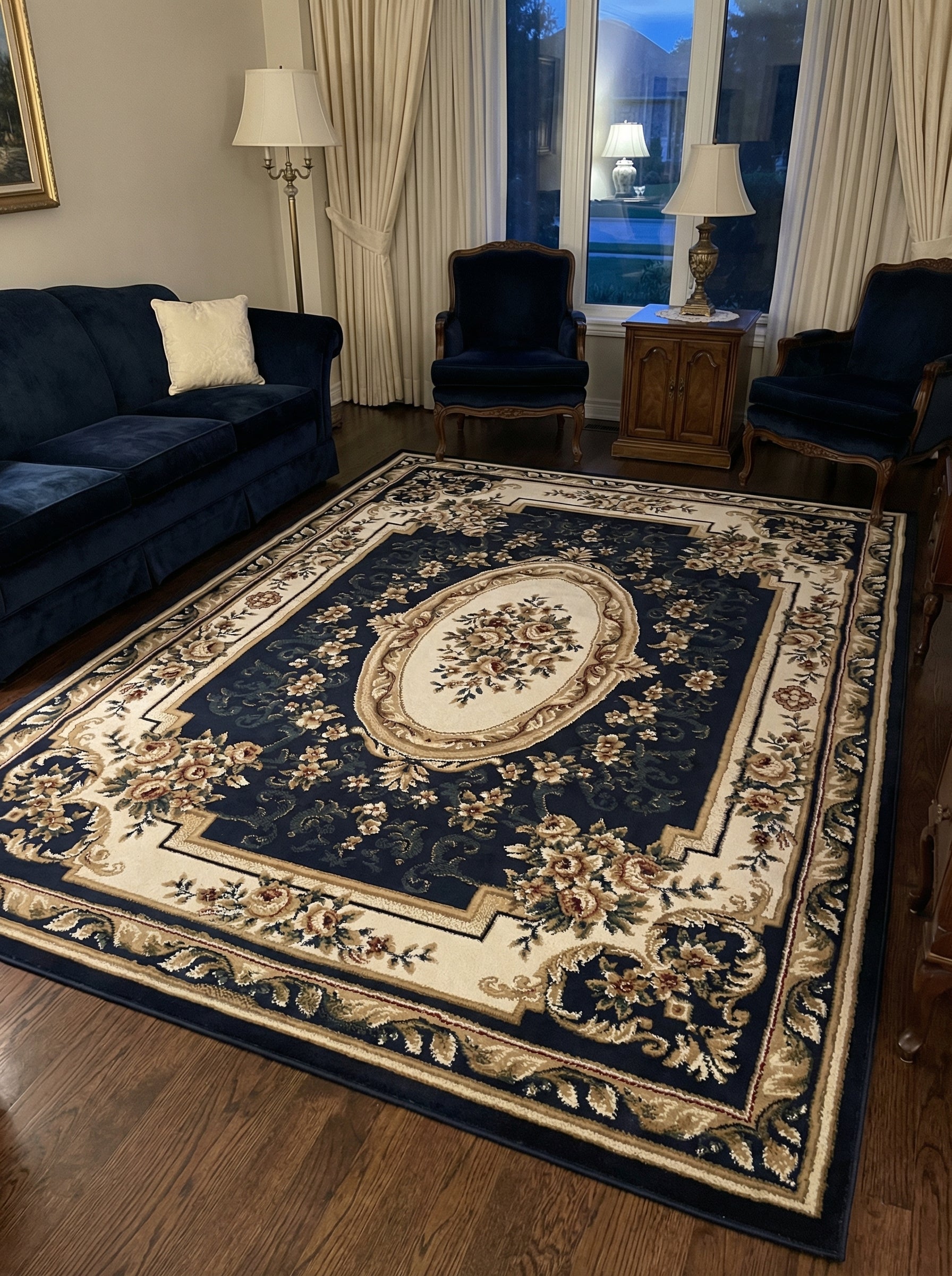 Tapis rectangulaire bleu marine et beige, avec un grand médaillon central et des motifs floraux classiques dans un salon
