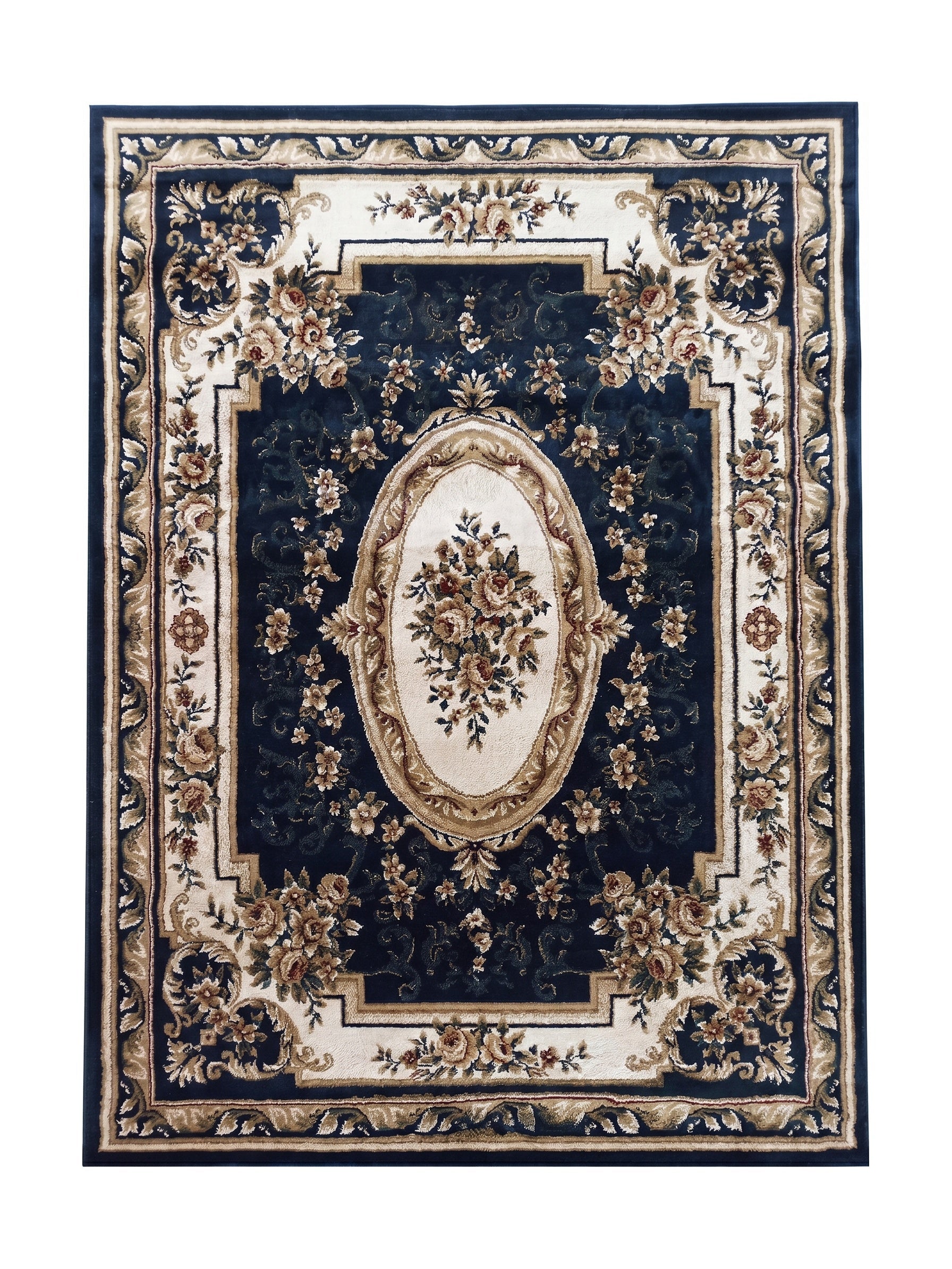 Tapis bleu foncé orné de motifs floraux classiques crème, dorés et rouges, avec un médaillon central
