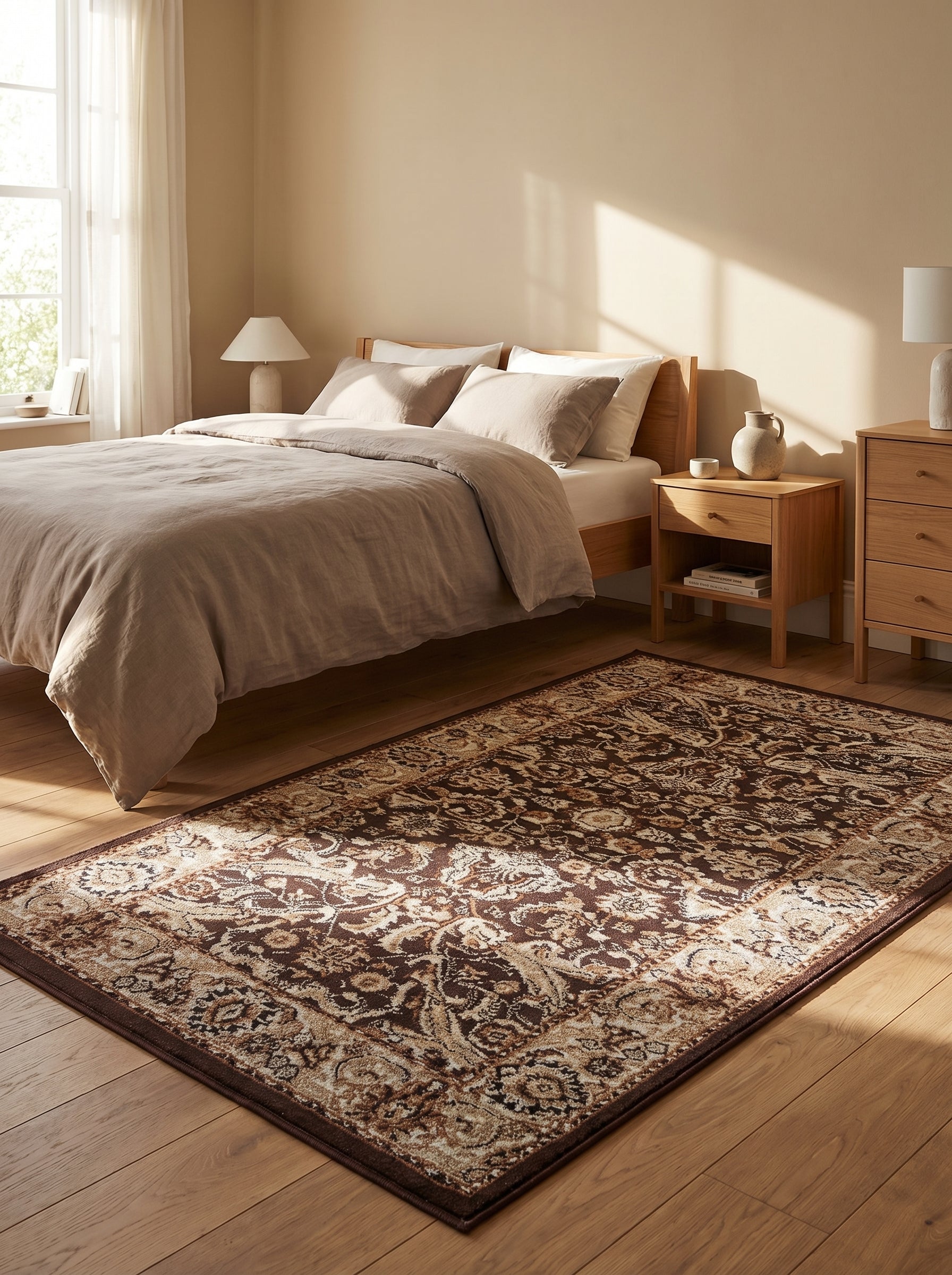 Tapis rectangulaire à motifs floraux complexes marron foncé, beige et caramel, posé sur un parquet dans une chambre lumineuse