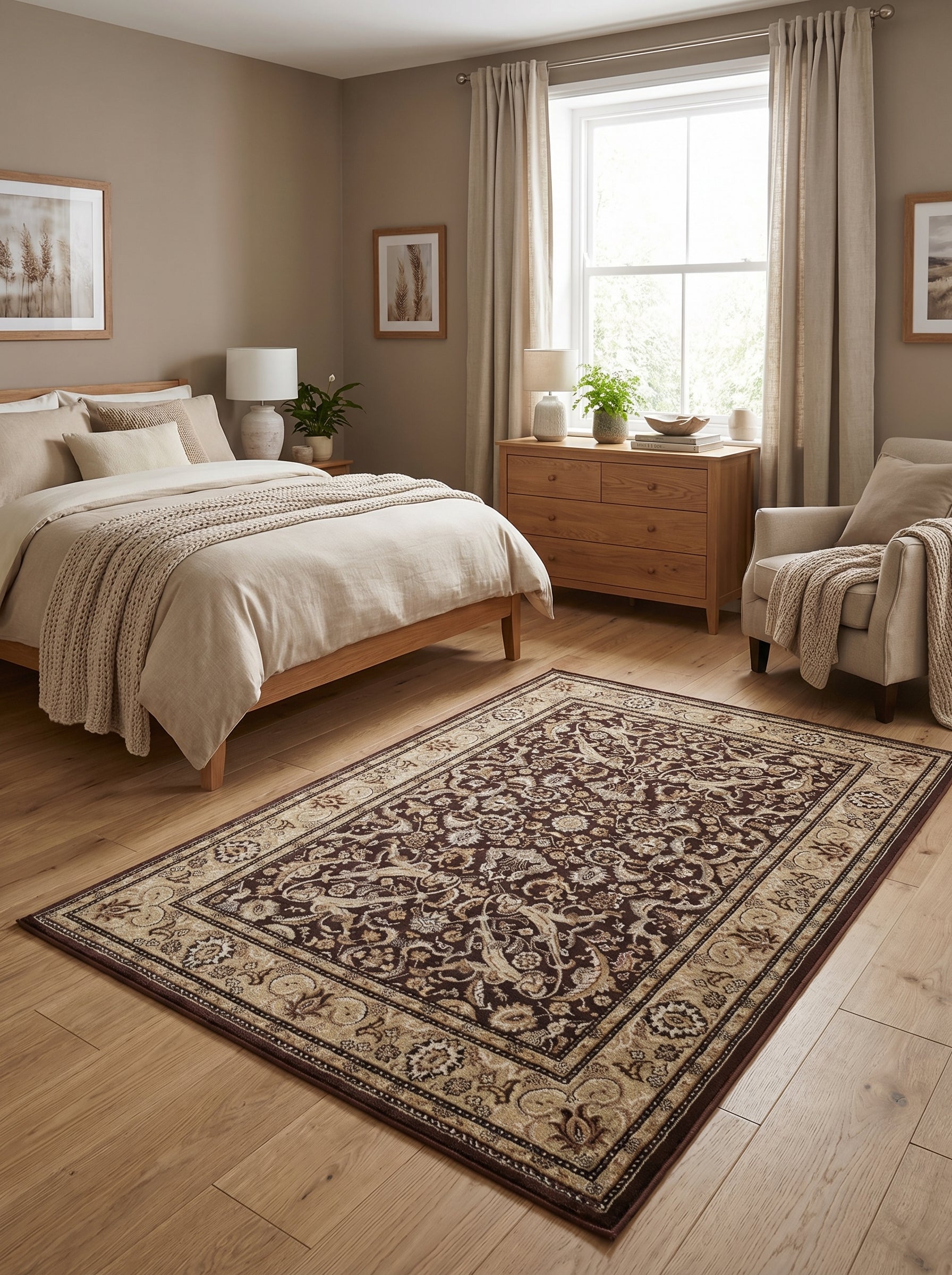 Tapis rectangulaire tissé, motifs floraux complexes marron foncé et beige clair, dans une chambre