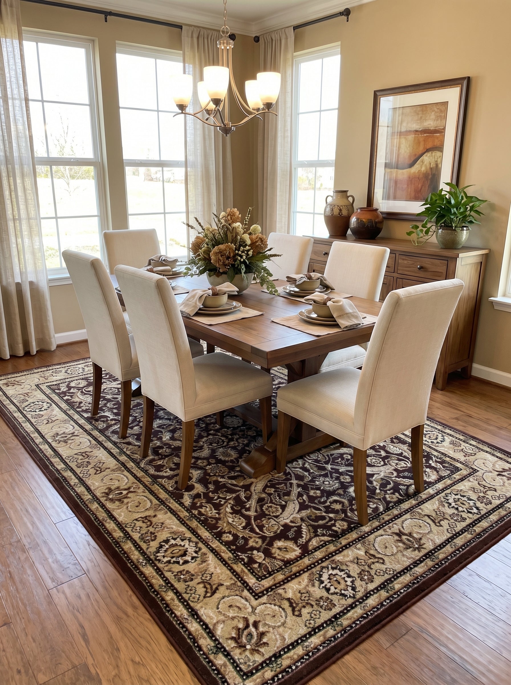 Grand tapis rectangulaire bordeaux et beige à motifs floraux traditionnels, posé sous une table de salle à manger