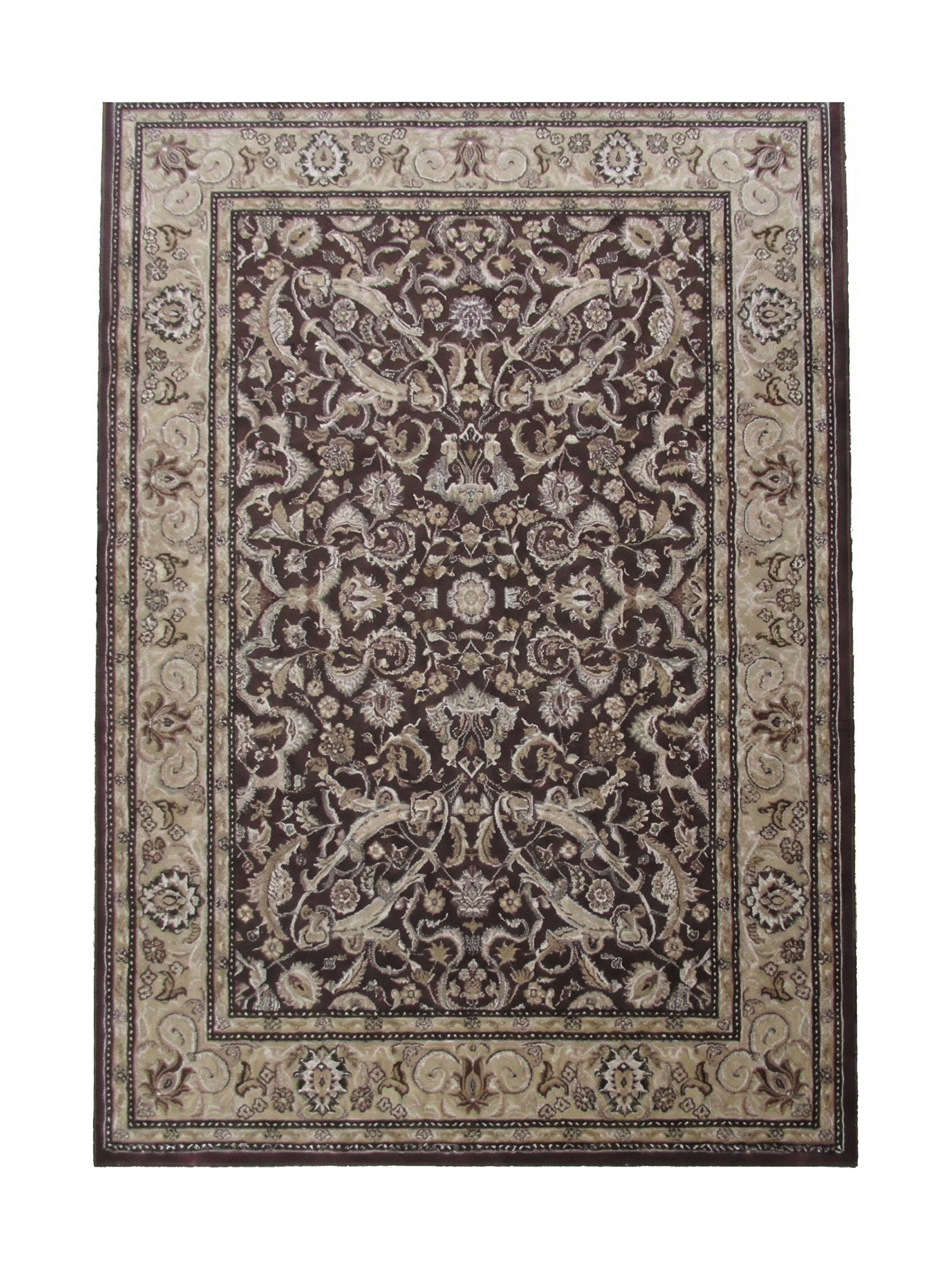Tapis rectangulaire en textile aux motifs floraux et ornementaux complexes, dans des tons marron foncé et beige clair avec une bordure détaillée