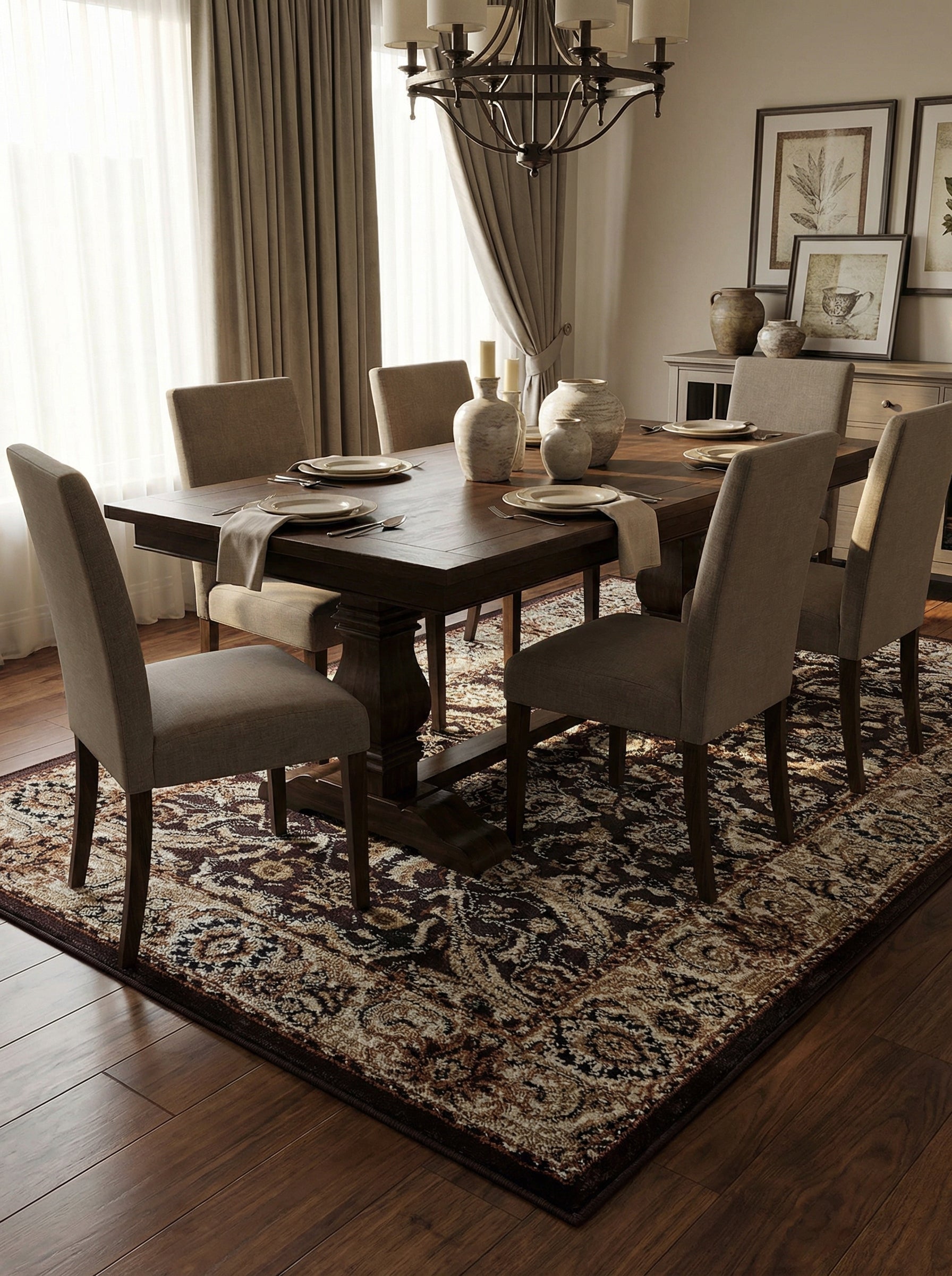 Tapis rectangulaire aux motifs floraux et baroques marron foncé, beige et crème, sous une table de salle à manger en bois sombre