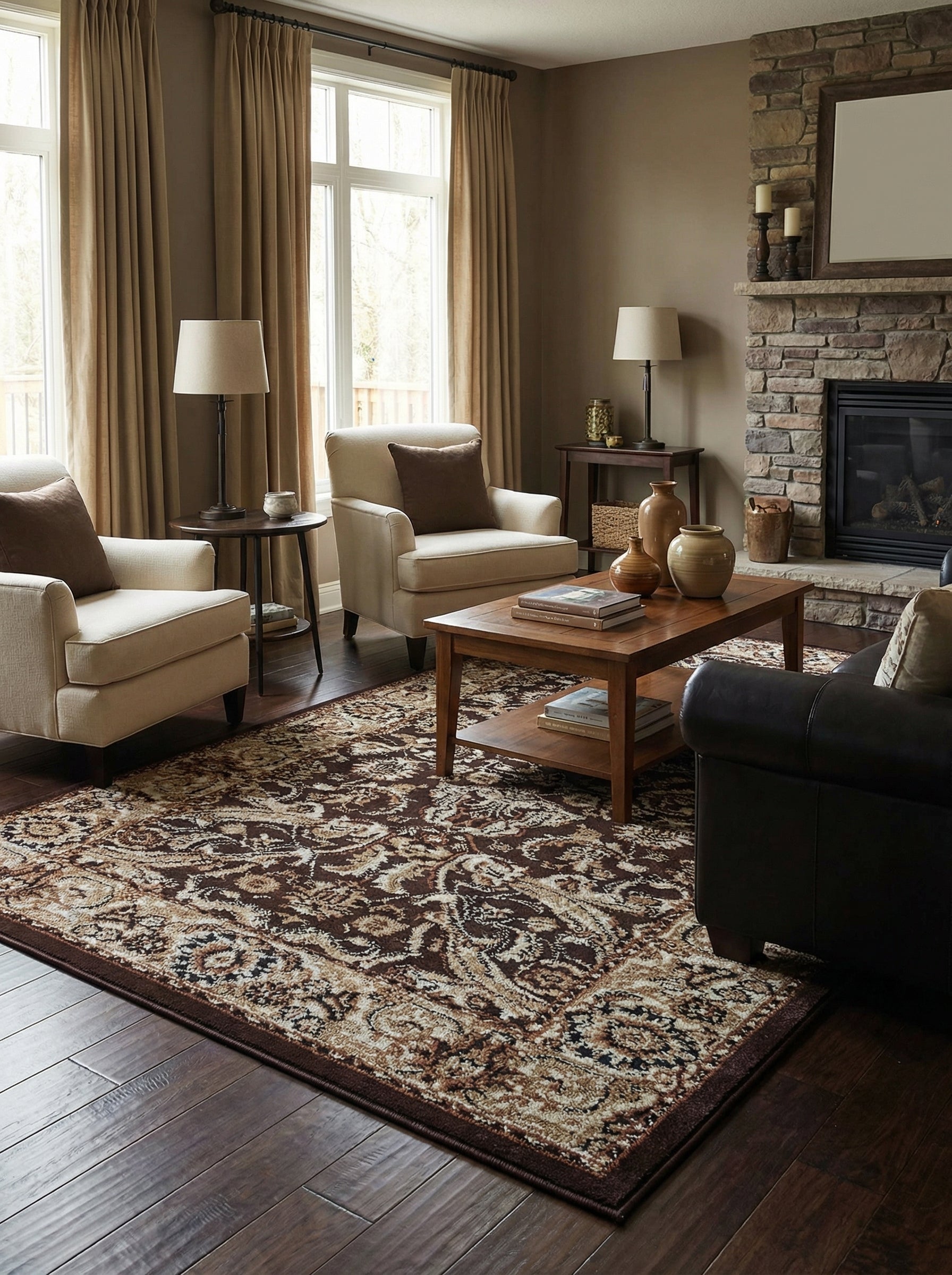 Tapis rectangulaire aux motifs classiques marron foncé, crème et beige sur un sol en bois sombre, dans un salon