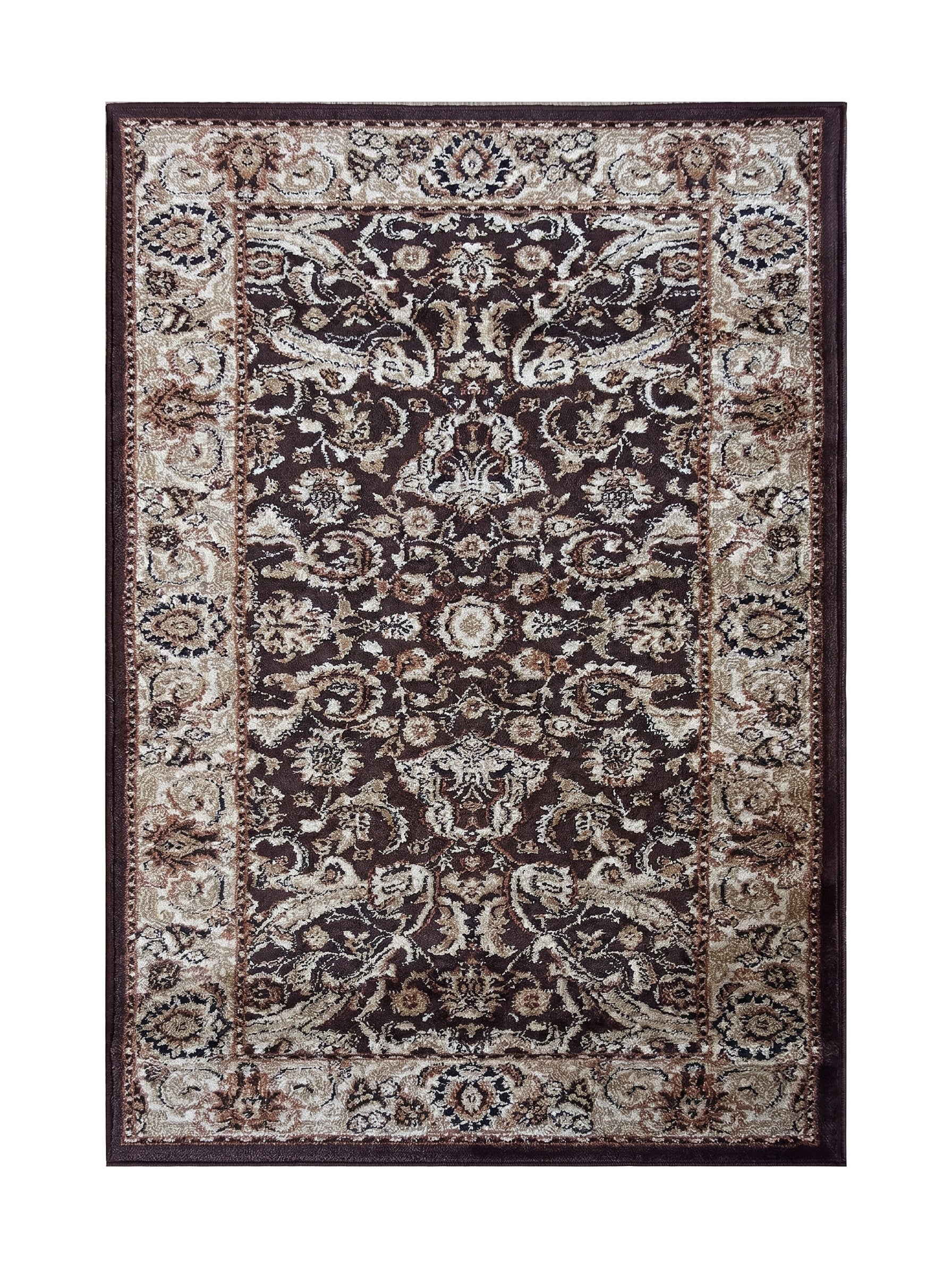 Tapis rectangulaire tissé aux motifs ornementaux floraux dans des tons de brun, beige et crème, avec une bordure contrastée