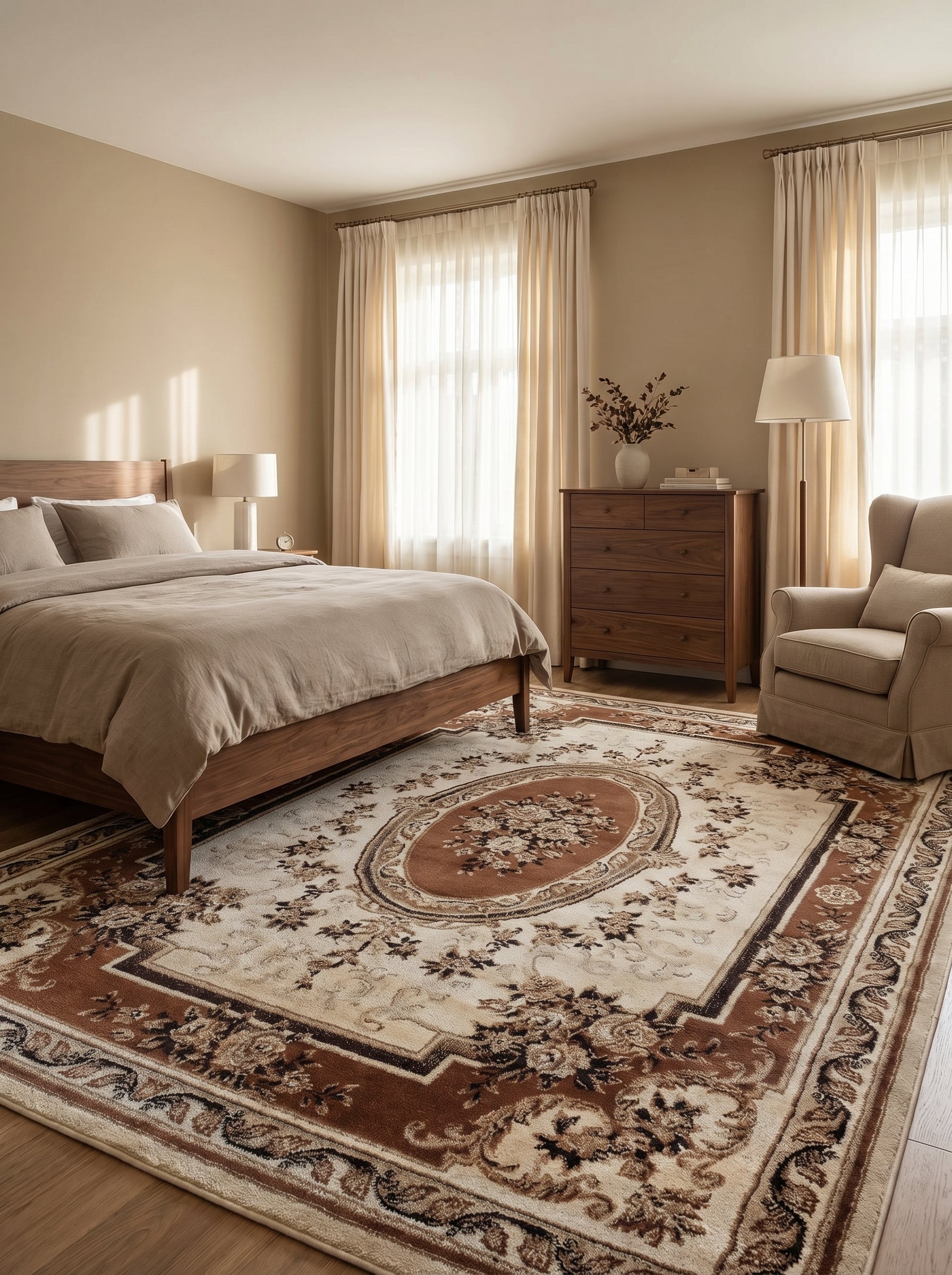 Tapis rectangulaire beige-crème et marron foncé avec médaillon floral central et bordures ornementales dans une chambre