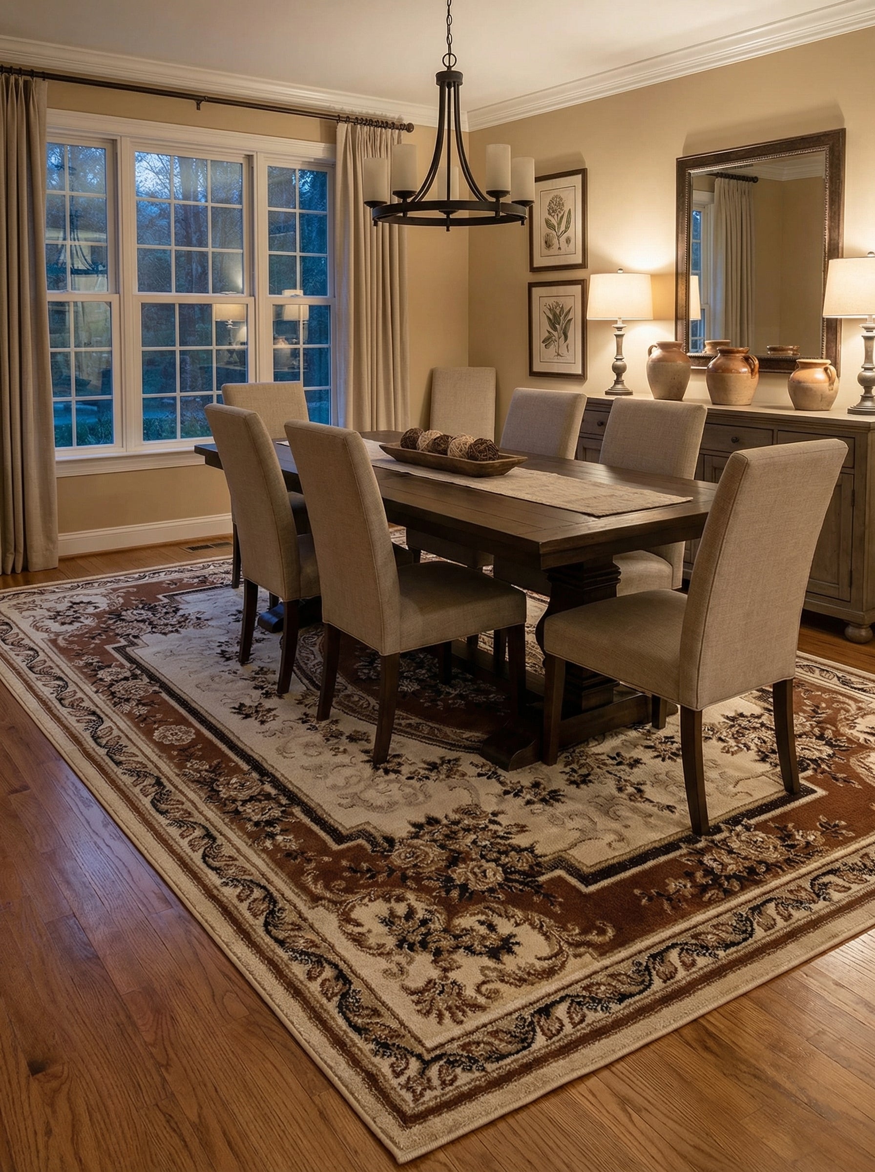 Tapis rectangulaire crème et marron, à motifs floraux et bordure détaillée, dans une salle à manger élégante
