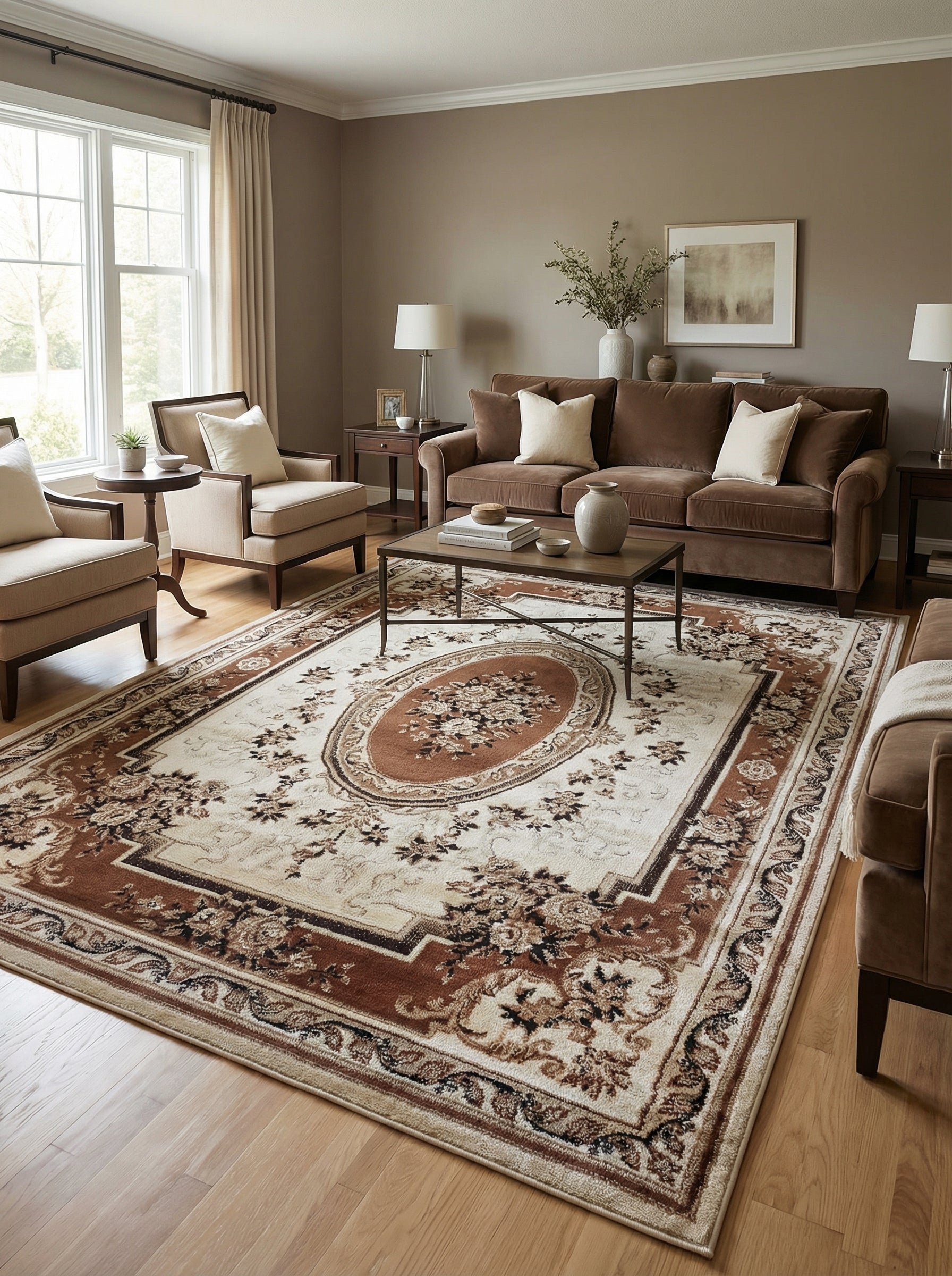 Tapis rectangulaire beige clair et marron foncé orné d'un motif floral classique, avec un grand médaillon central ovale, dans un salon