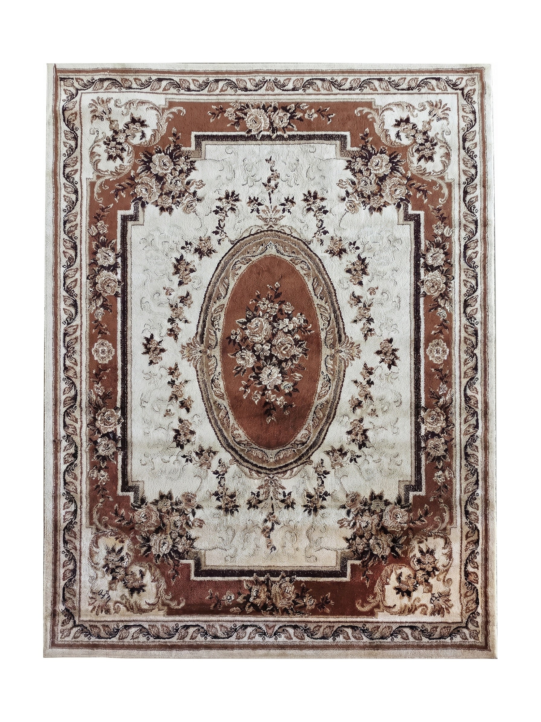 Tapis crème et marron orné de motifs floraux classiques, avec un médaillon central et des bordures détaillées
