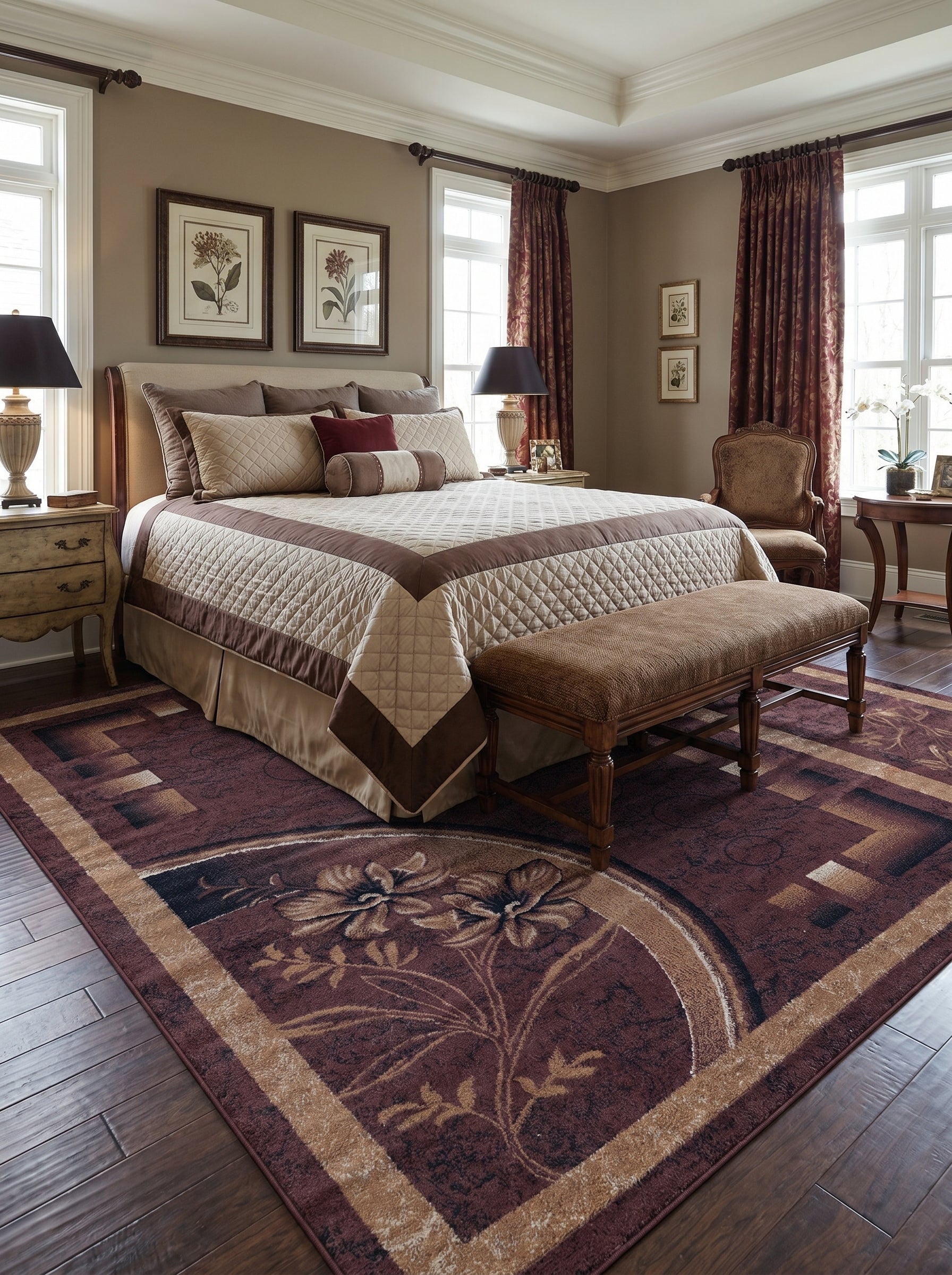Tapis bordeaux aux motifs floraux beiges et géométriques marron clair, sur parquet de chambre élégante