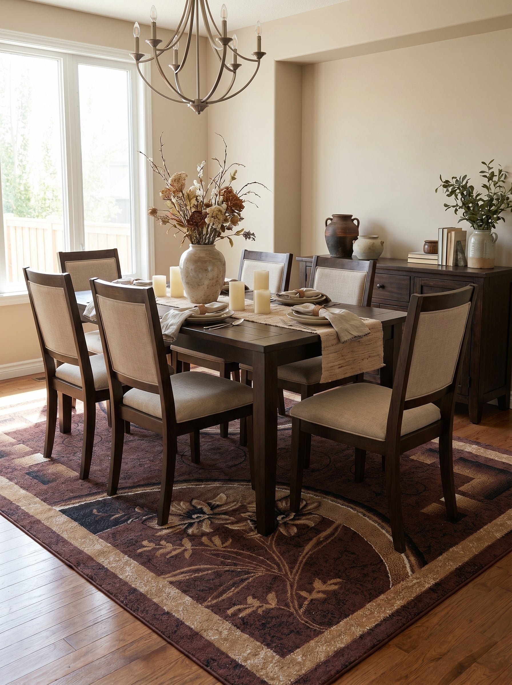Tapis marron foncé à motifs floraux beiges et noirs, bordures claires, sous table de salle à manger