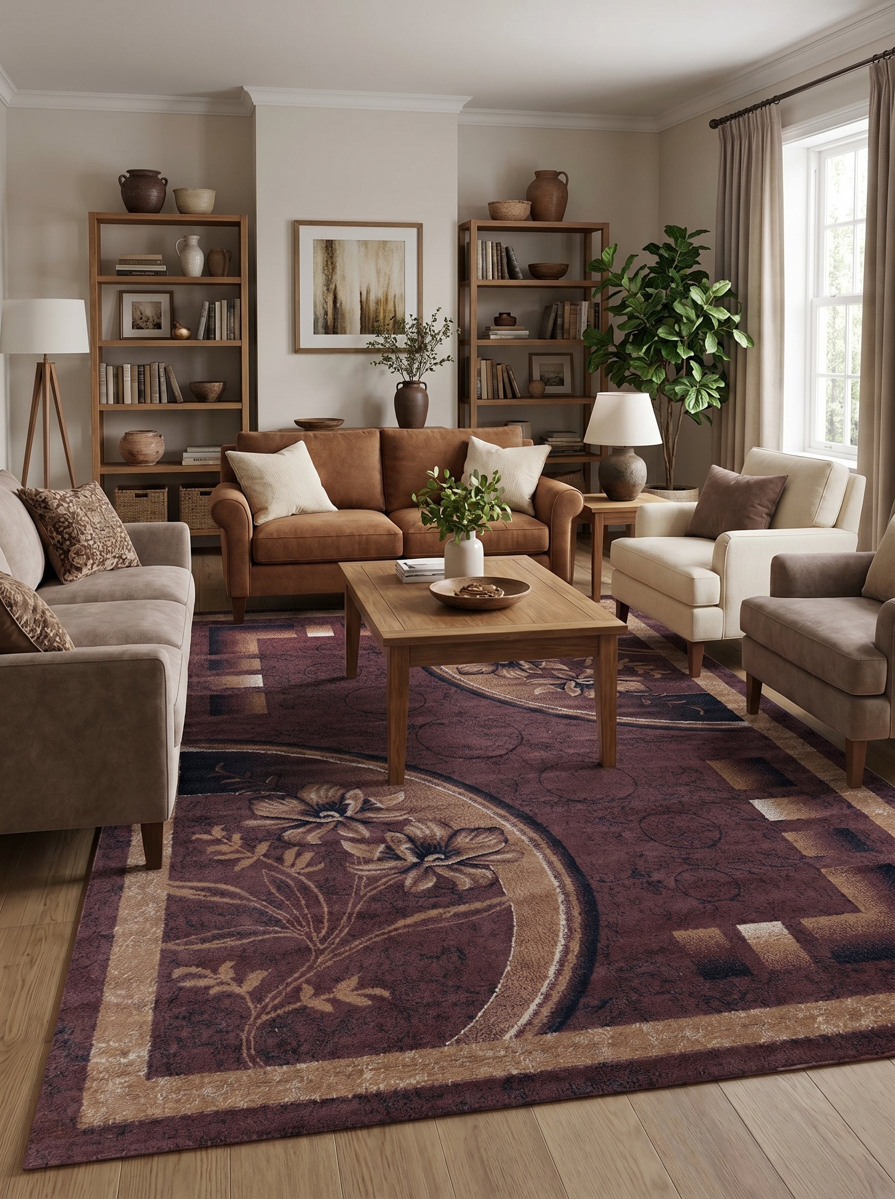 Tapis rectangulaire prune aux fleurs stylisées beiges et marron et bordures géométriques pour salon élégant