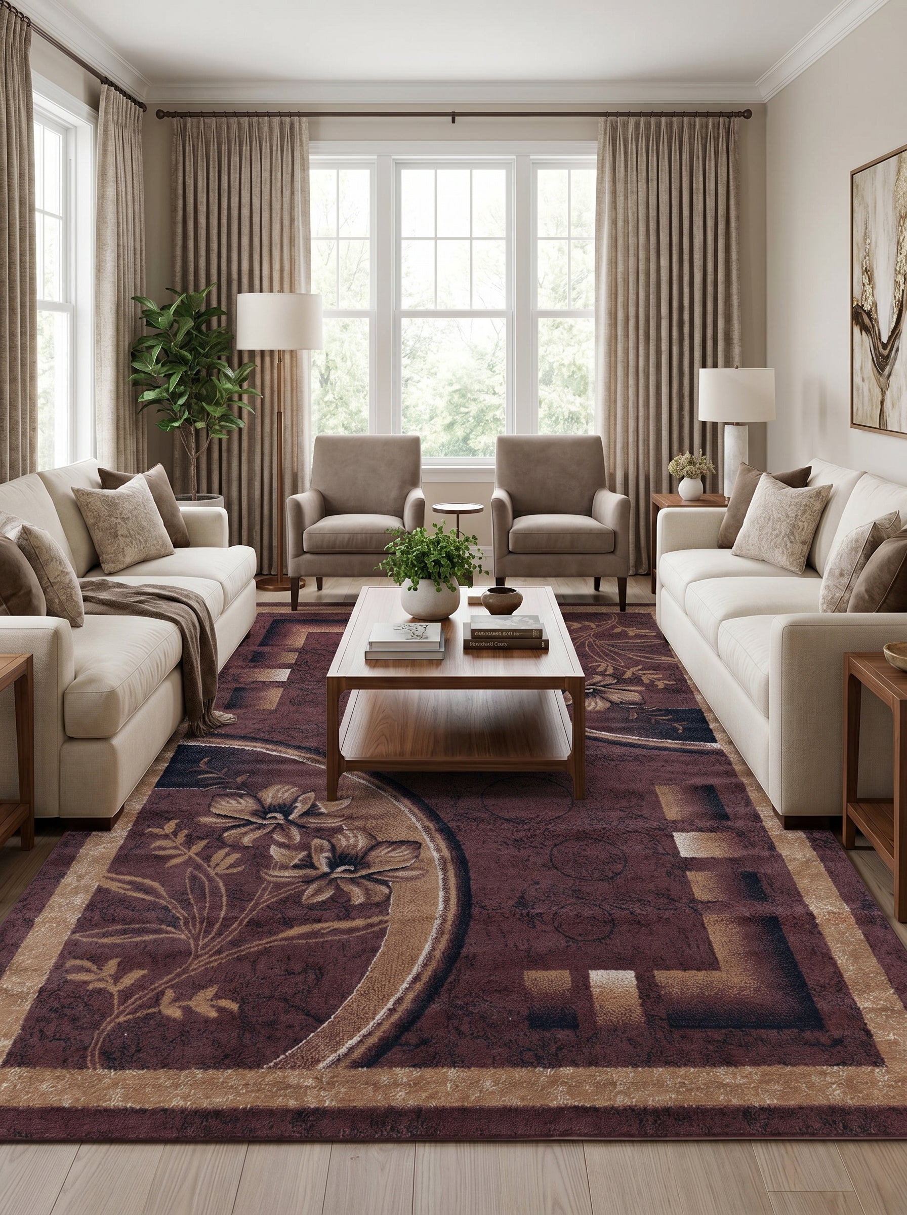 Tapis rectangulaire bordeaux avec des motifs floraux stylisés et géométriques beiges et bruns, posé dans un salon