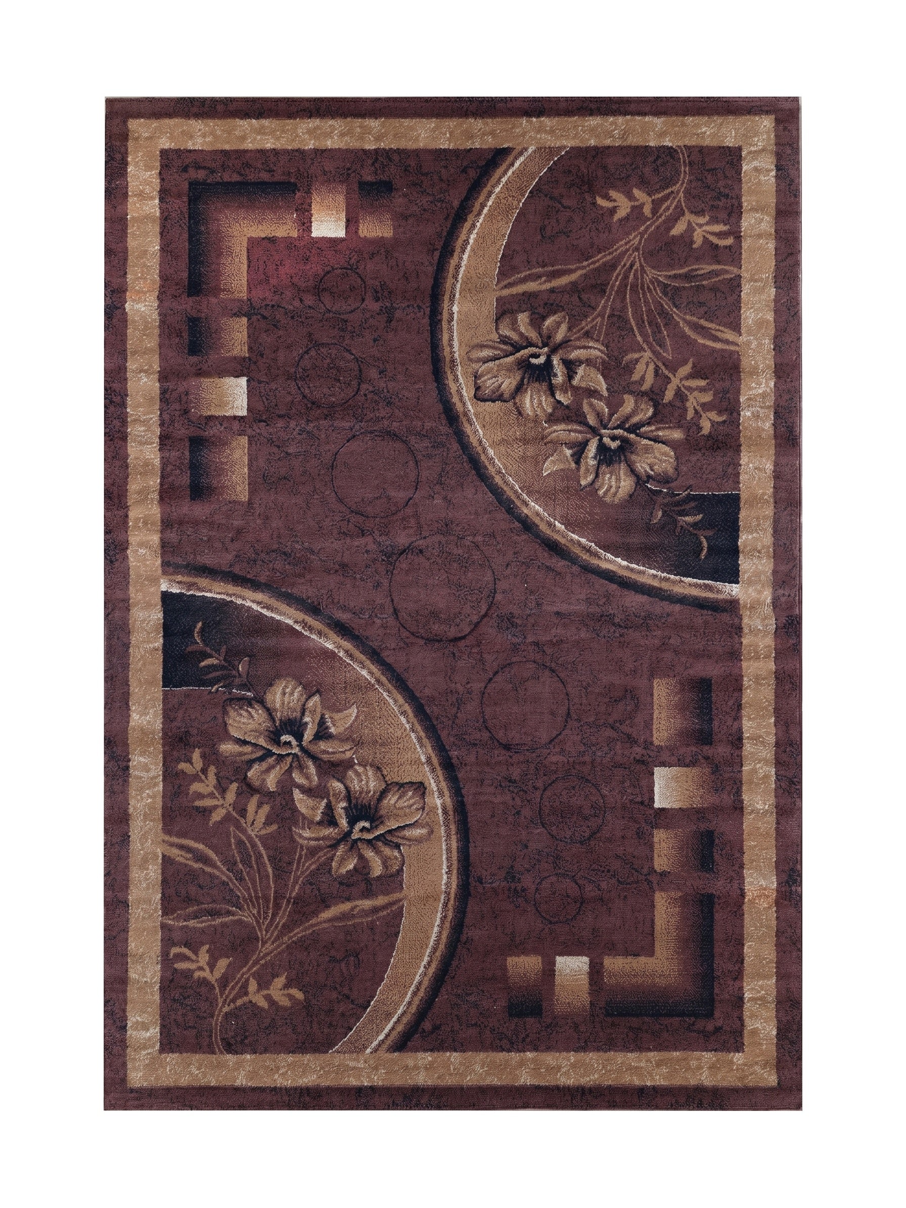 Tapis bordeaux aux motifs floraux beiges et formes géométriques marron foncé, sur un fond texturé, bordé de beige