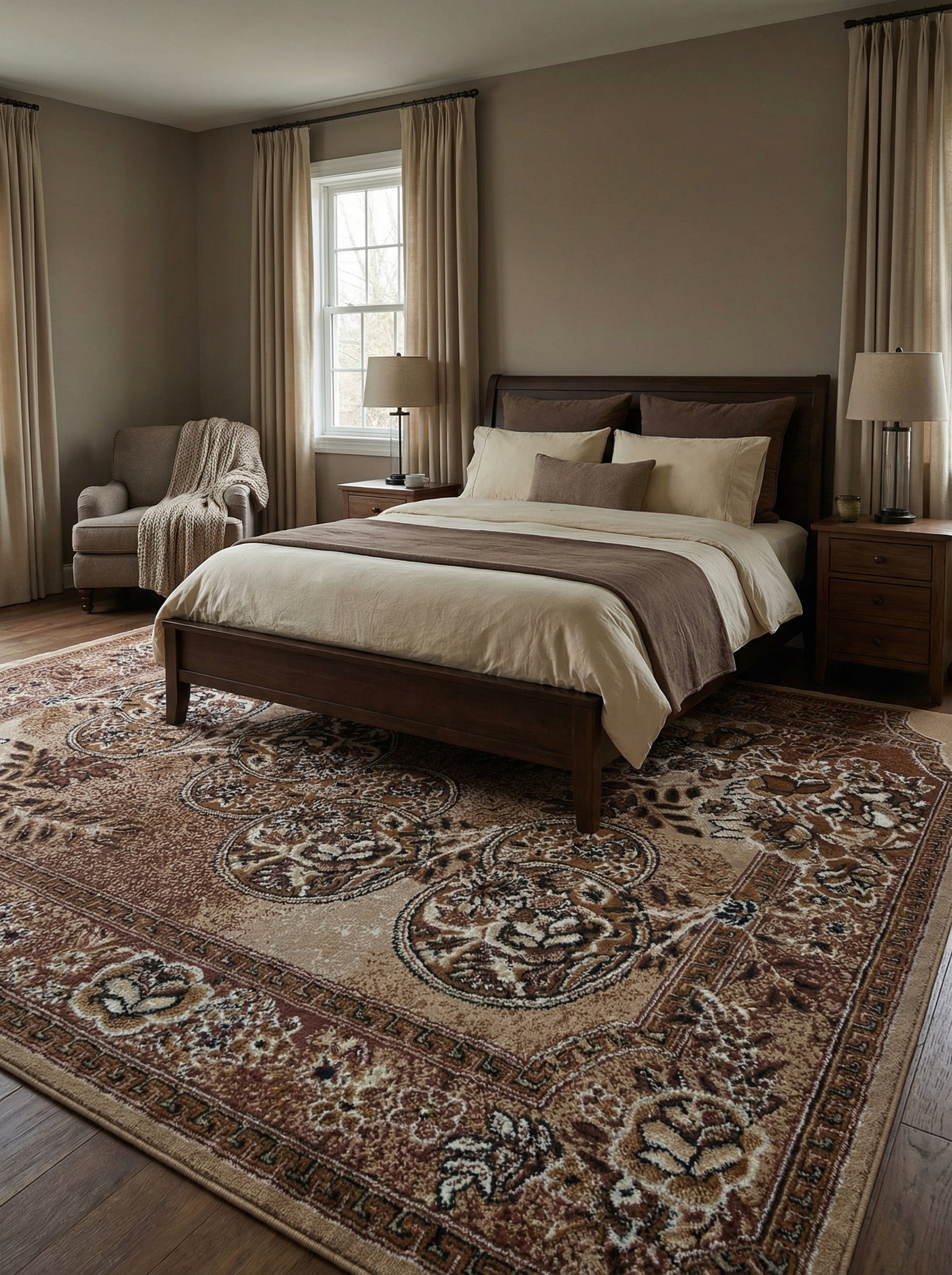 Grand tapis rectangulaire aux motifs floraux et médaillons complexes dans des tons de brun, beige et crème, posé dans une chambre