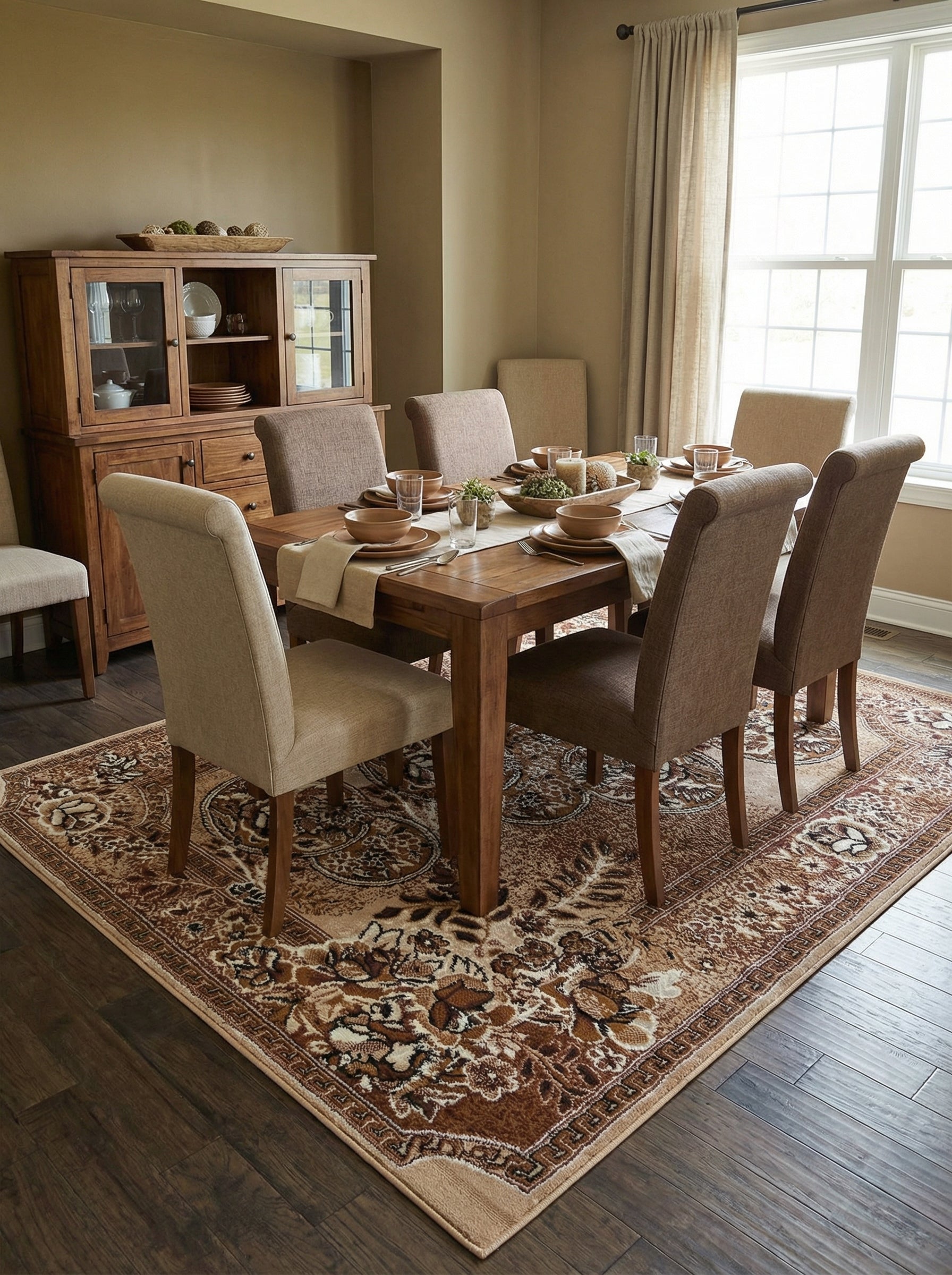 Tapis rectangulaire beige et marron à motifs floraux et orientaux complexes sous une table de salle à manger