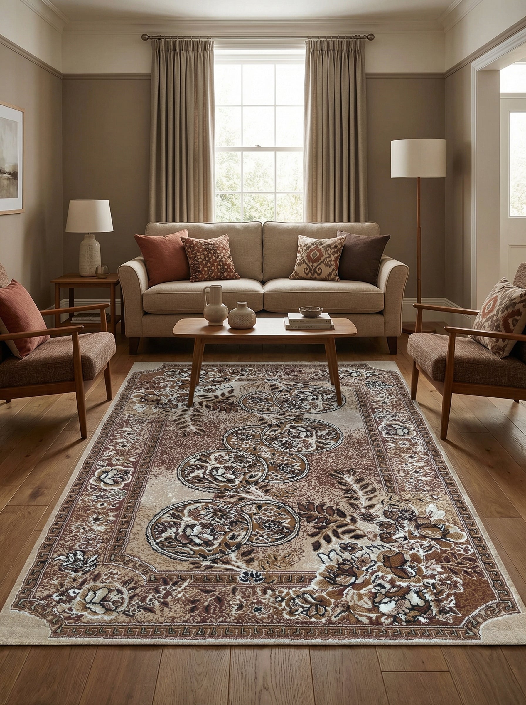 Tapis rectangulaire aux motifs floraux et de médaillons traditionnels, teintes beige, crème et marron, posé sur un parquet en bois d'un salon