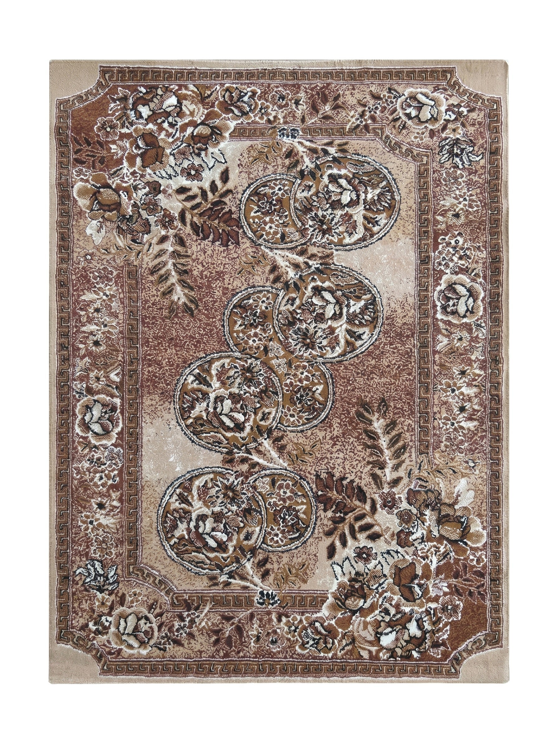 Tapis rectangulaire aux motifs floraux et ornementaux, avec de grands médaillons, dans des tons de marron, beige et crème, encadré d'une bordure géométrique