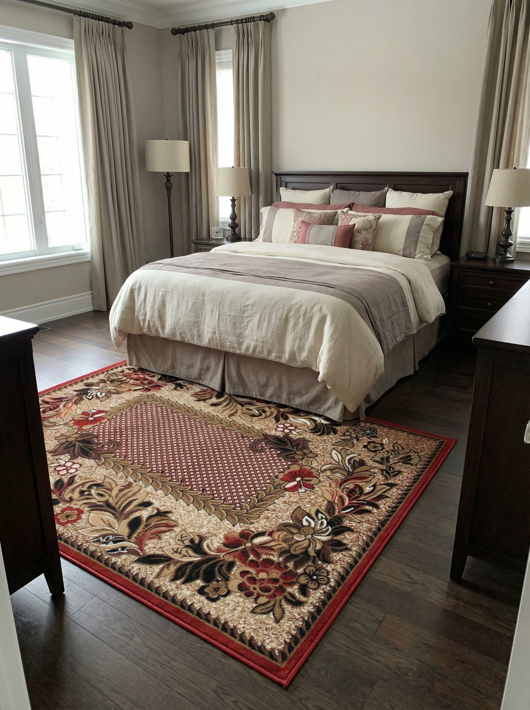 Tapis rectangulaire beige avec un cadre floral rouge et brun, et un motif géométrique brique central, sur un parquet foncé dans une chambre